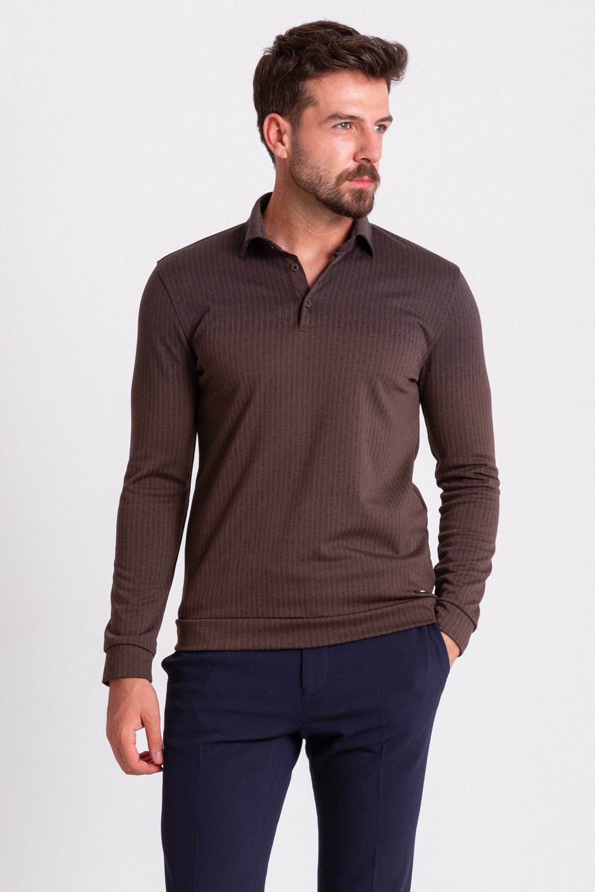 Çizgili Parçalı Slim Fit Uzun Kollu Polo Yaka Erkek T-Shirt