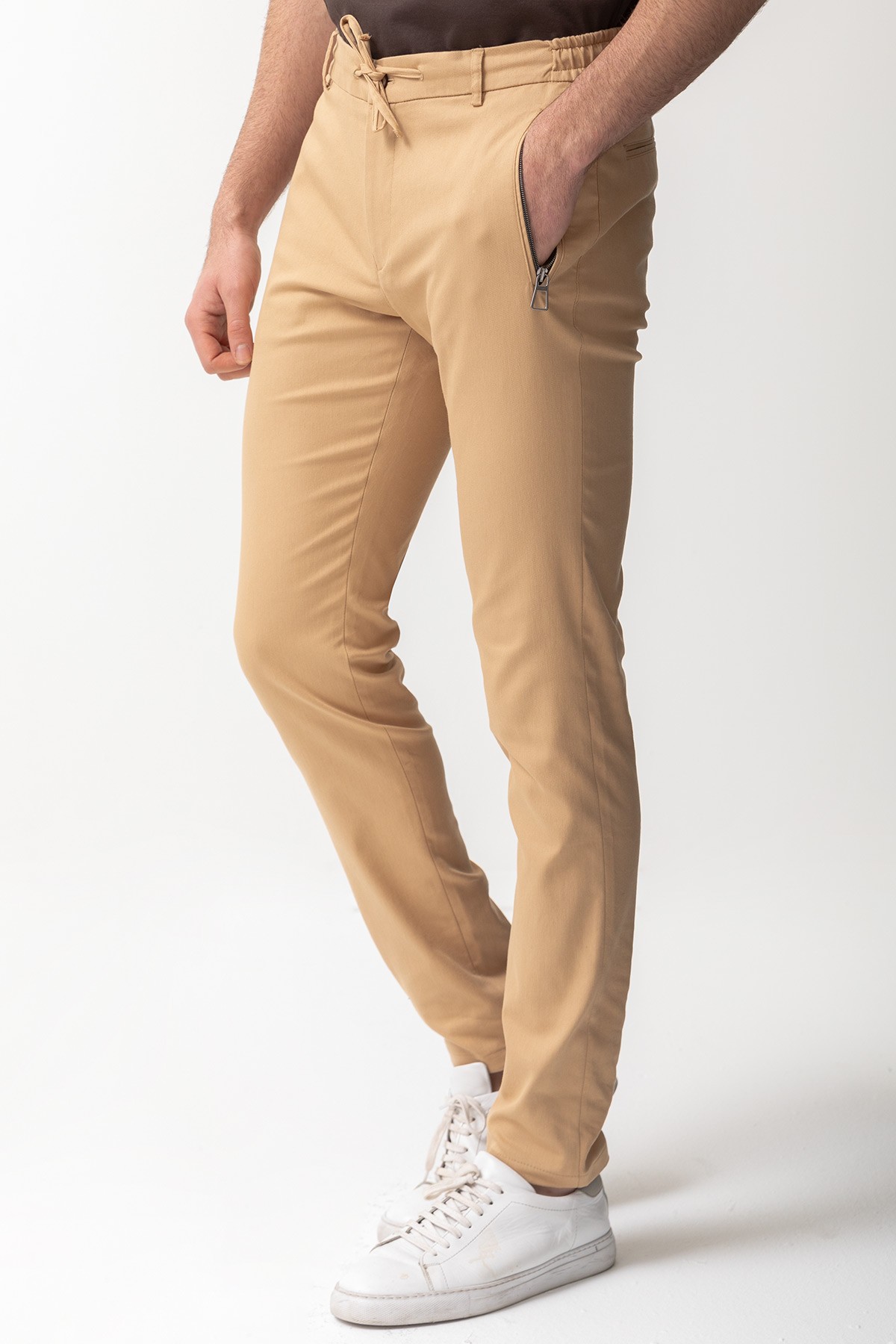 Fermuarlı Cep Super Slim Fit Beli Lastikli İpli Erkek Pantolon - Bej