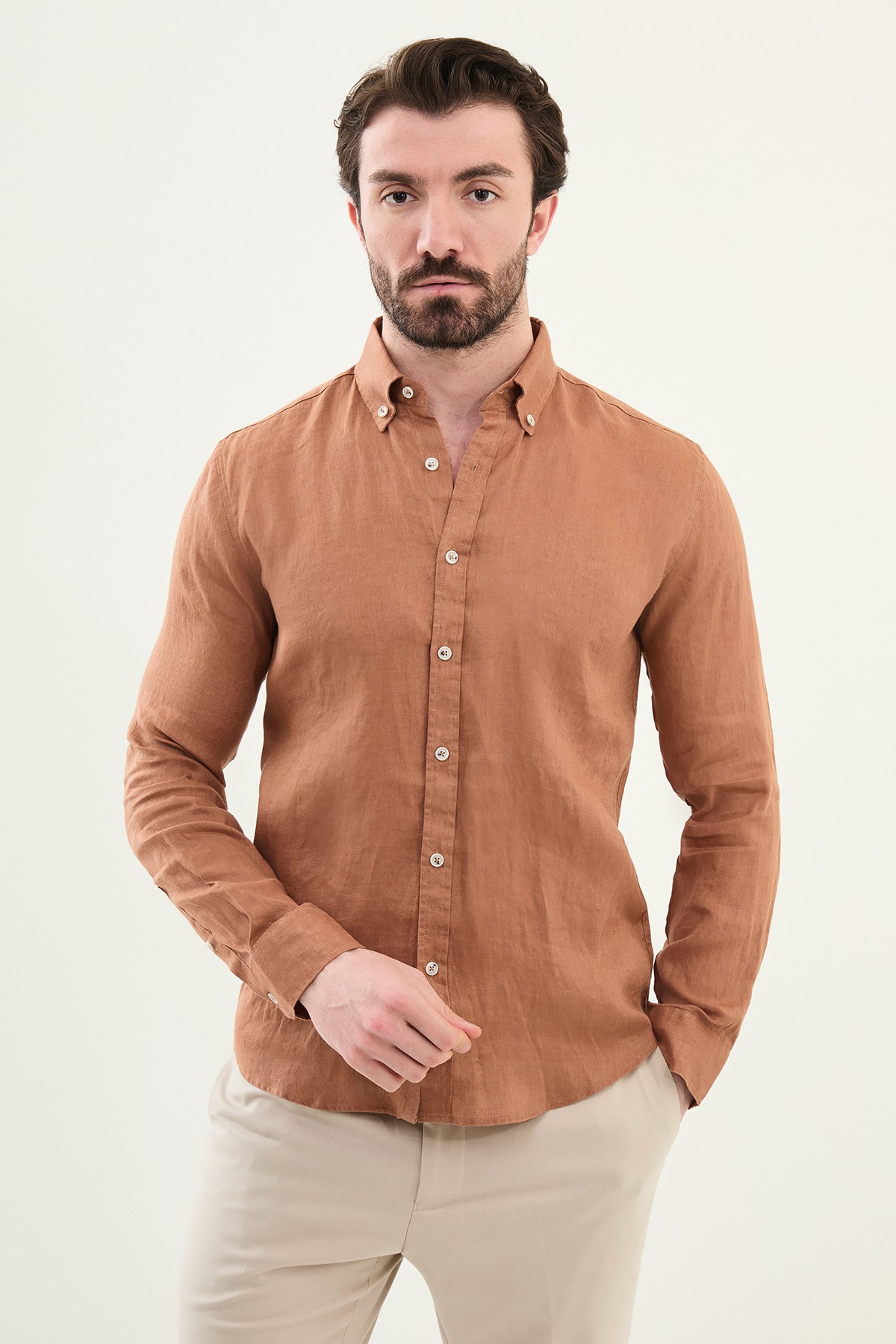 Düz Slim Fit %100 Keten Erkek Gömlek - Kamel