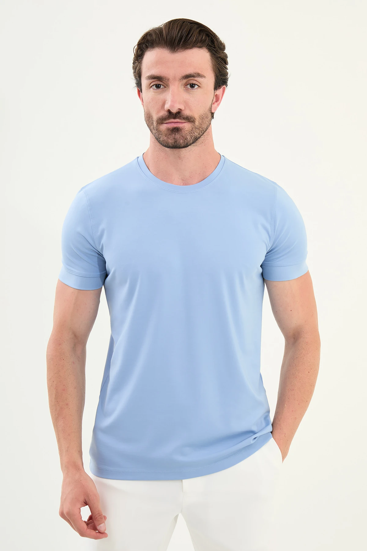 Düz Slim Fit Bisiklet Yaka Basic Erkek T-Shirt - Mavi
