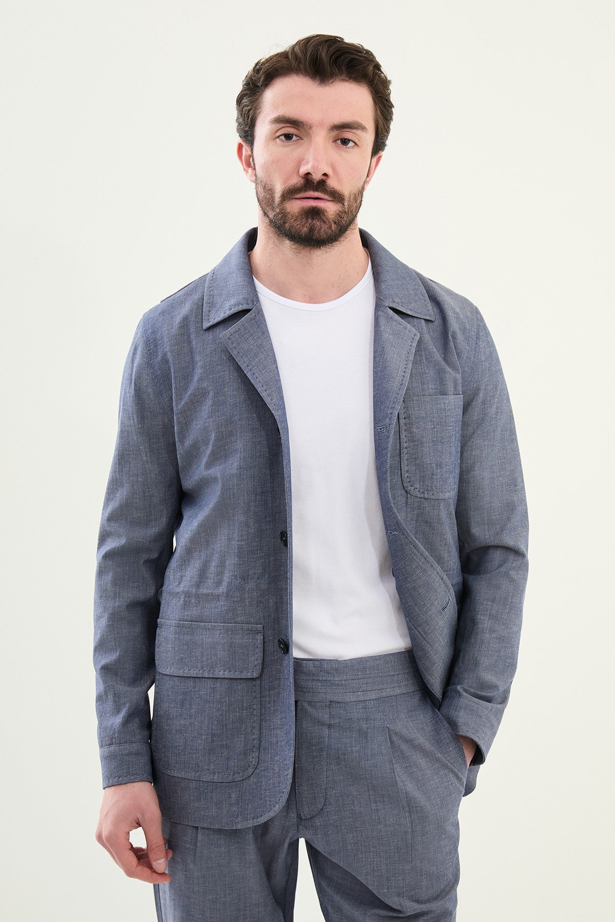 Düz Slim Fit Torba Cep Apaç Yaka Keten Erkek Trenchcoat
