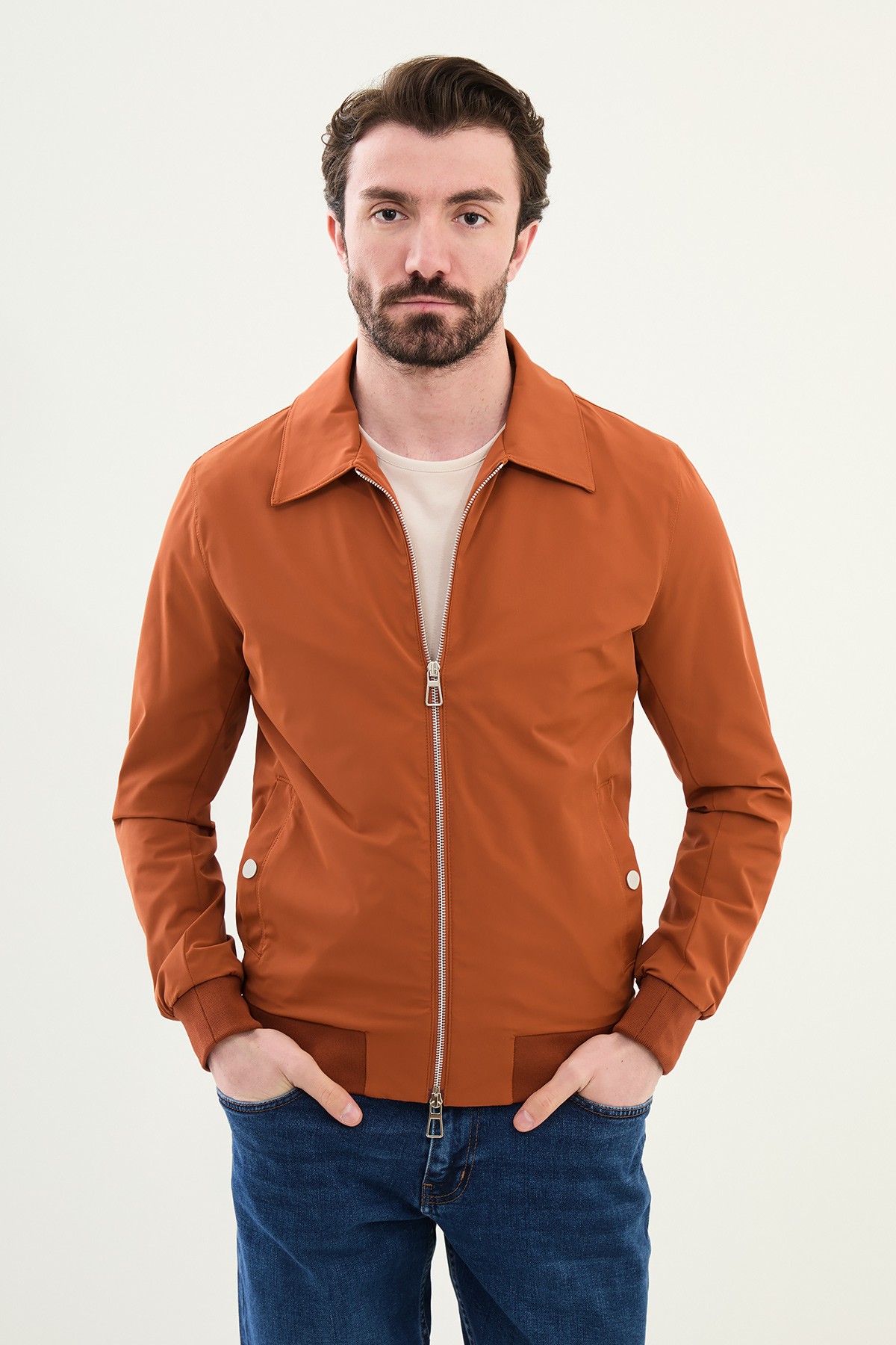 Düz Slim Fit Gömlek Yaka Çift Fermuar Erkek Mont - Kiremit