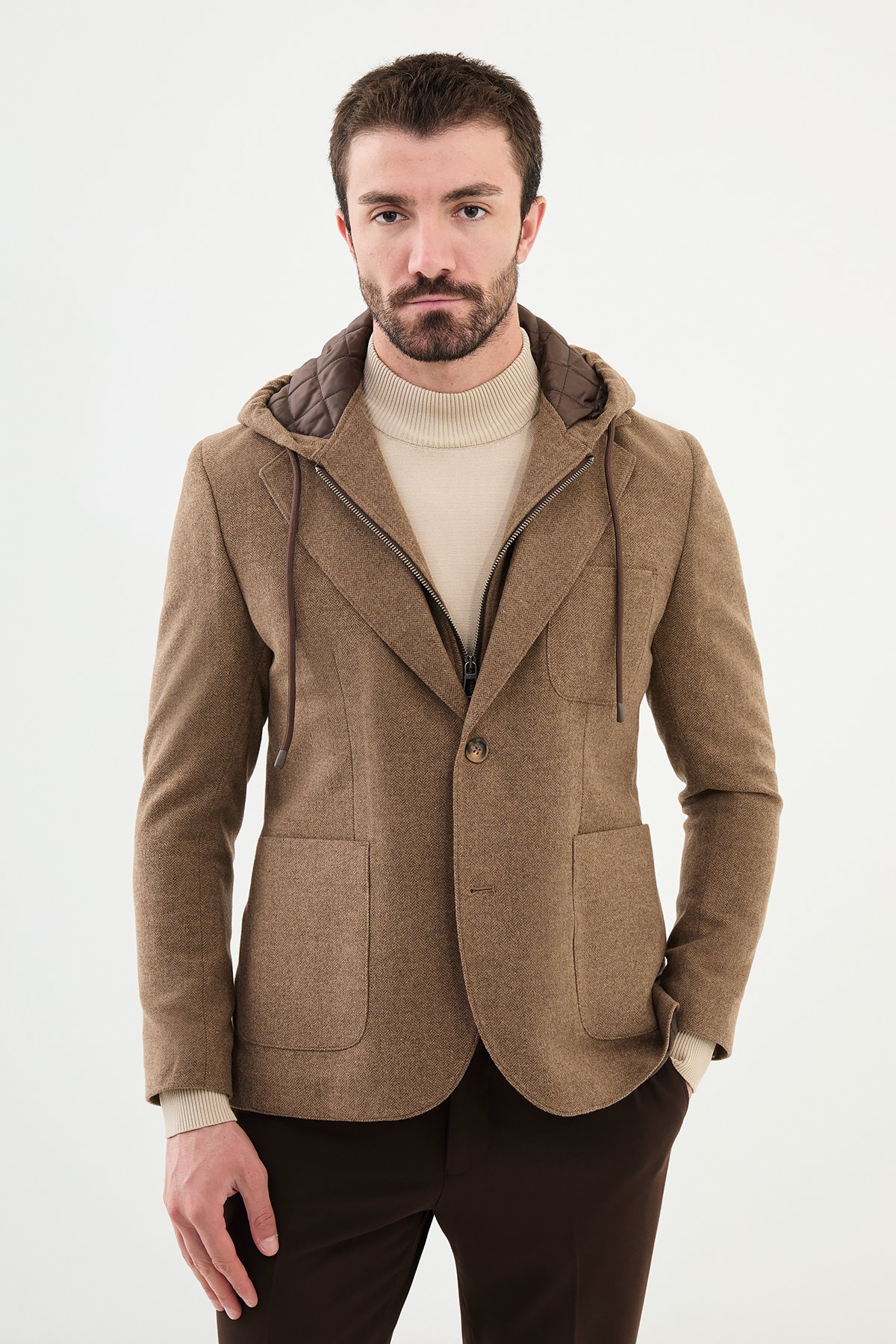 Desenli Slim Fit Çıkarılabilir Kapüşonlu Yün Erkek Ceket - Kamel