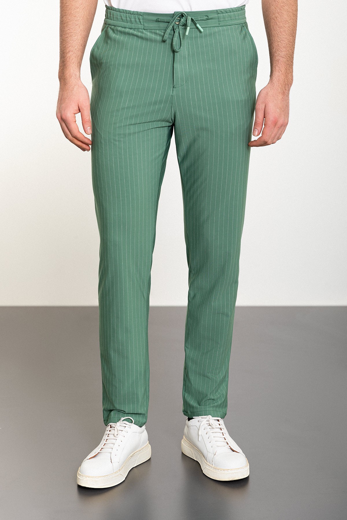 Çizgili Super Slim Fit Beli Lastikli İpli Erkek Pantolon - Yeşil