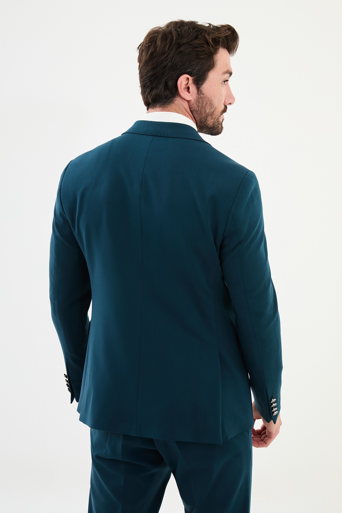 Düz Slim Fit Kemer Detaylı Geniş Yaka Kruvaze Erkek Takım Elbise