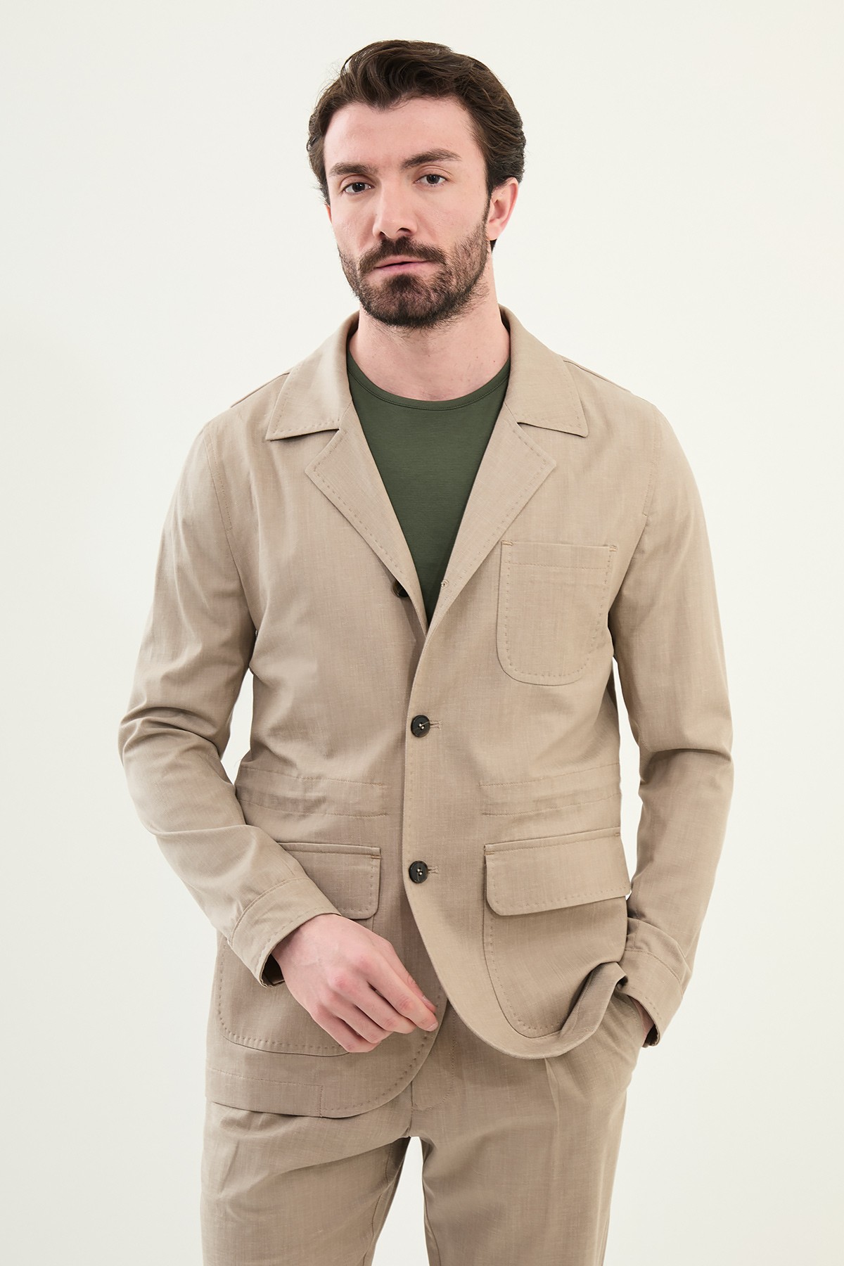Düz Slim Fit Torba Cep Apaç Yaka Keten Erkek Trenchcoat - Bej