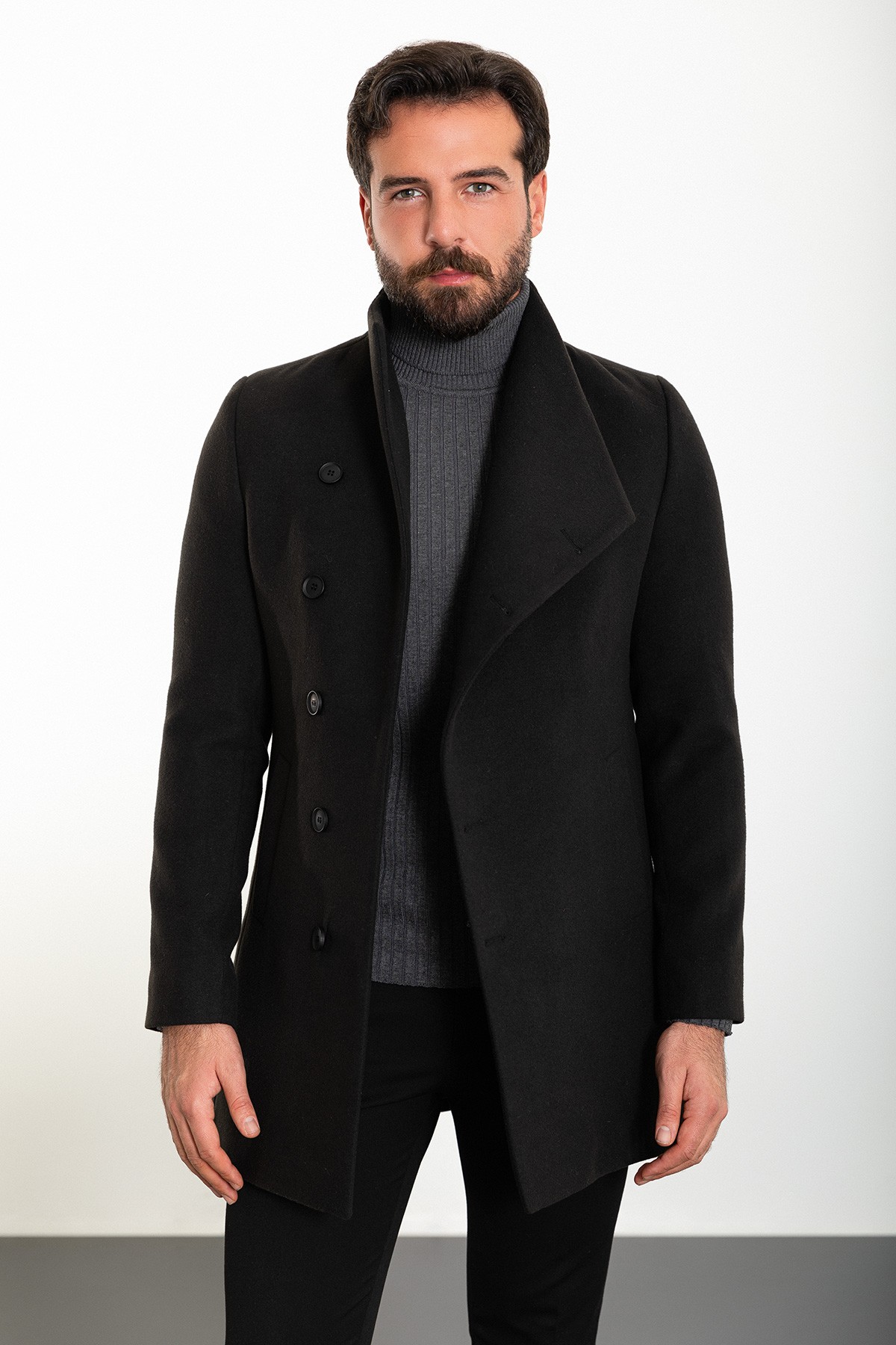 Düz Slim Fit Şal Yaka Kaşe Erkek Kaban