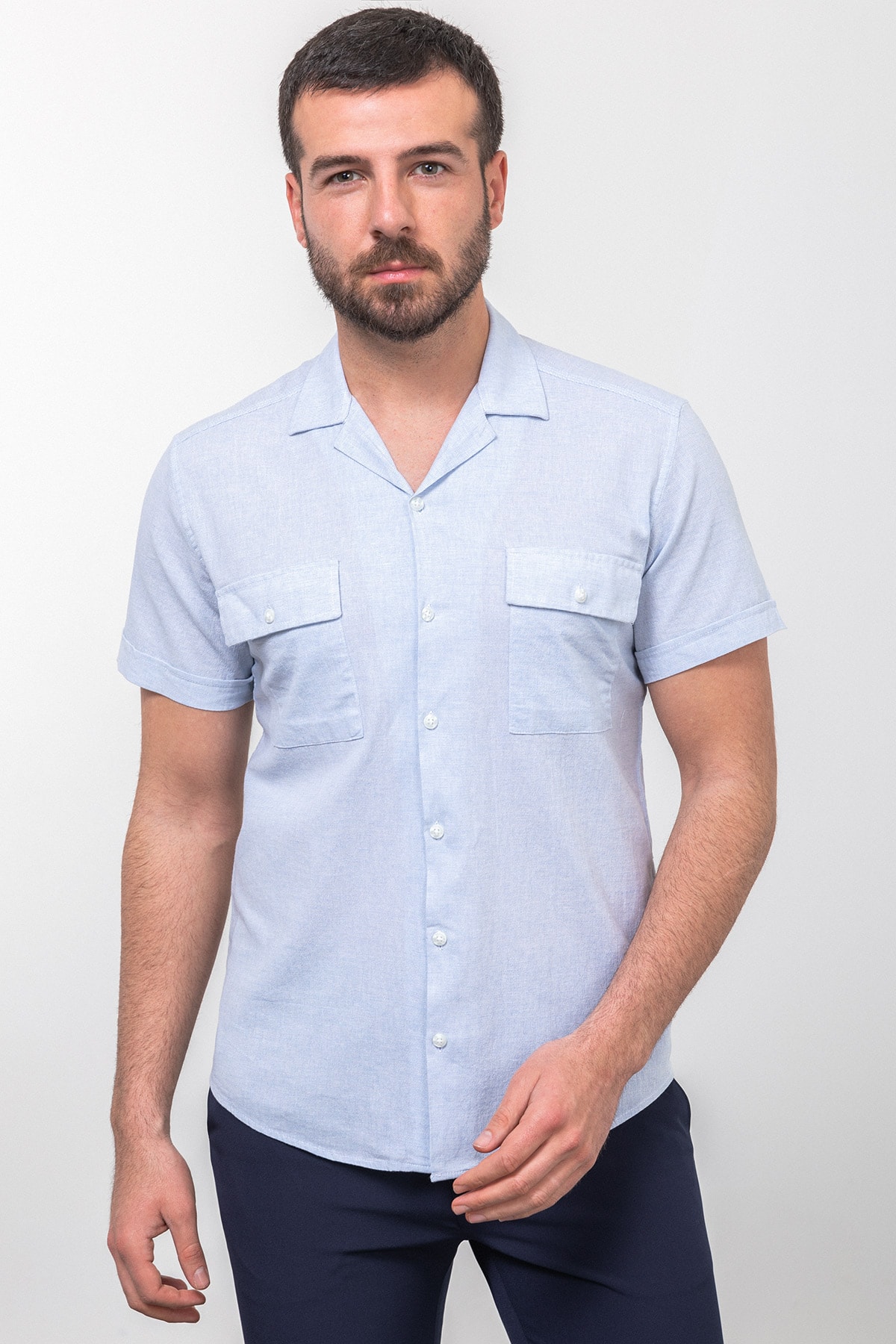 Kırçıllı Slim Fit Apaç Yaka Kısa Kollu Erkek Gömlek - Mavi
