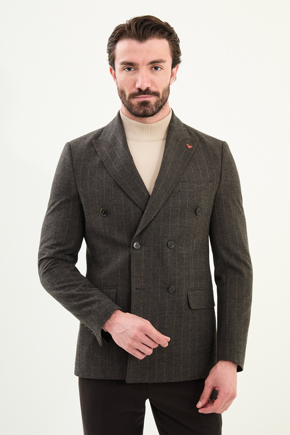 Çizgili Slim Fit Geniş Yaka Kruvaze Yün Erkek Ceket - Kahverengi