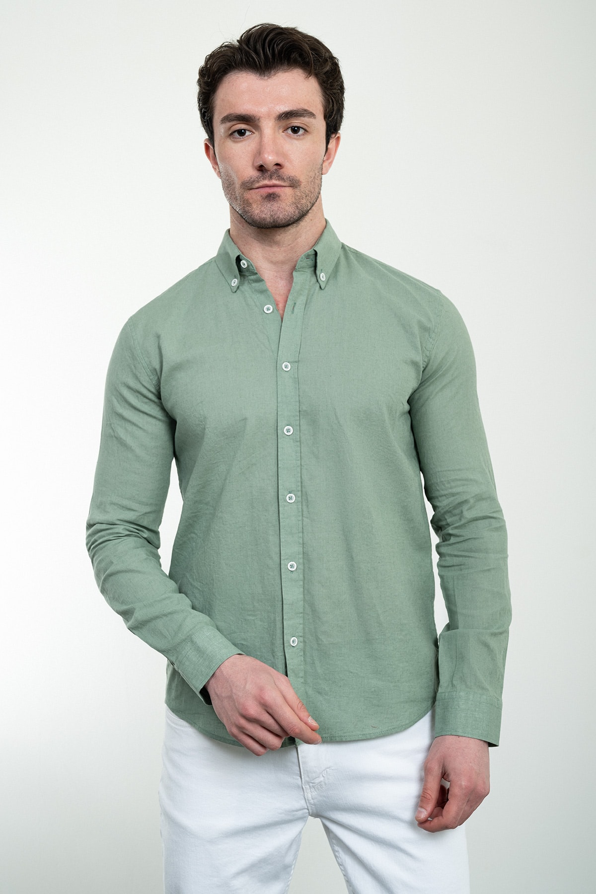 Düz Slim Fit Uzun Kollu Keten Erkek Gömlek - Açık Yeşil