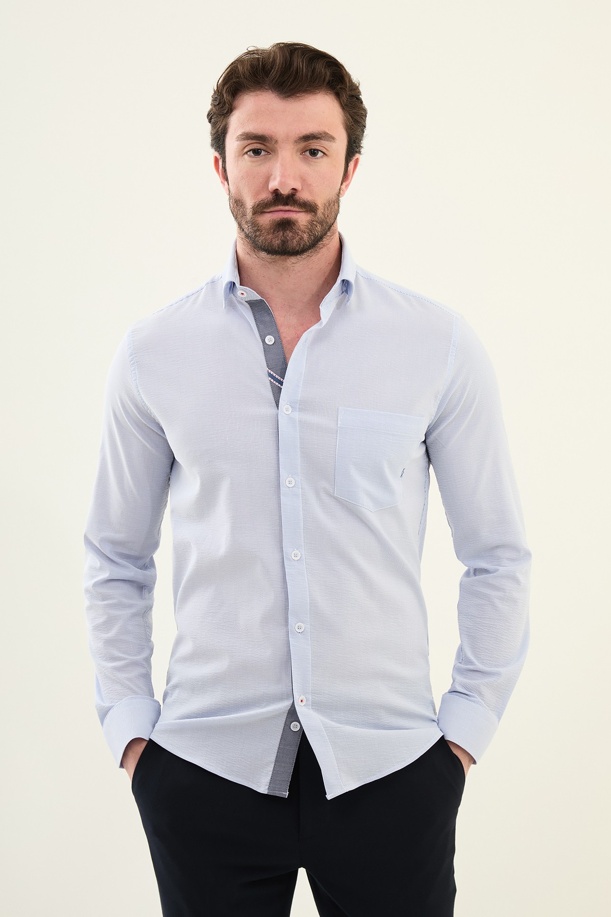 Desenli Slim Fit Pamuk Erkek Gömlek - Mavi