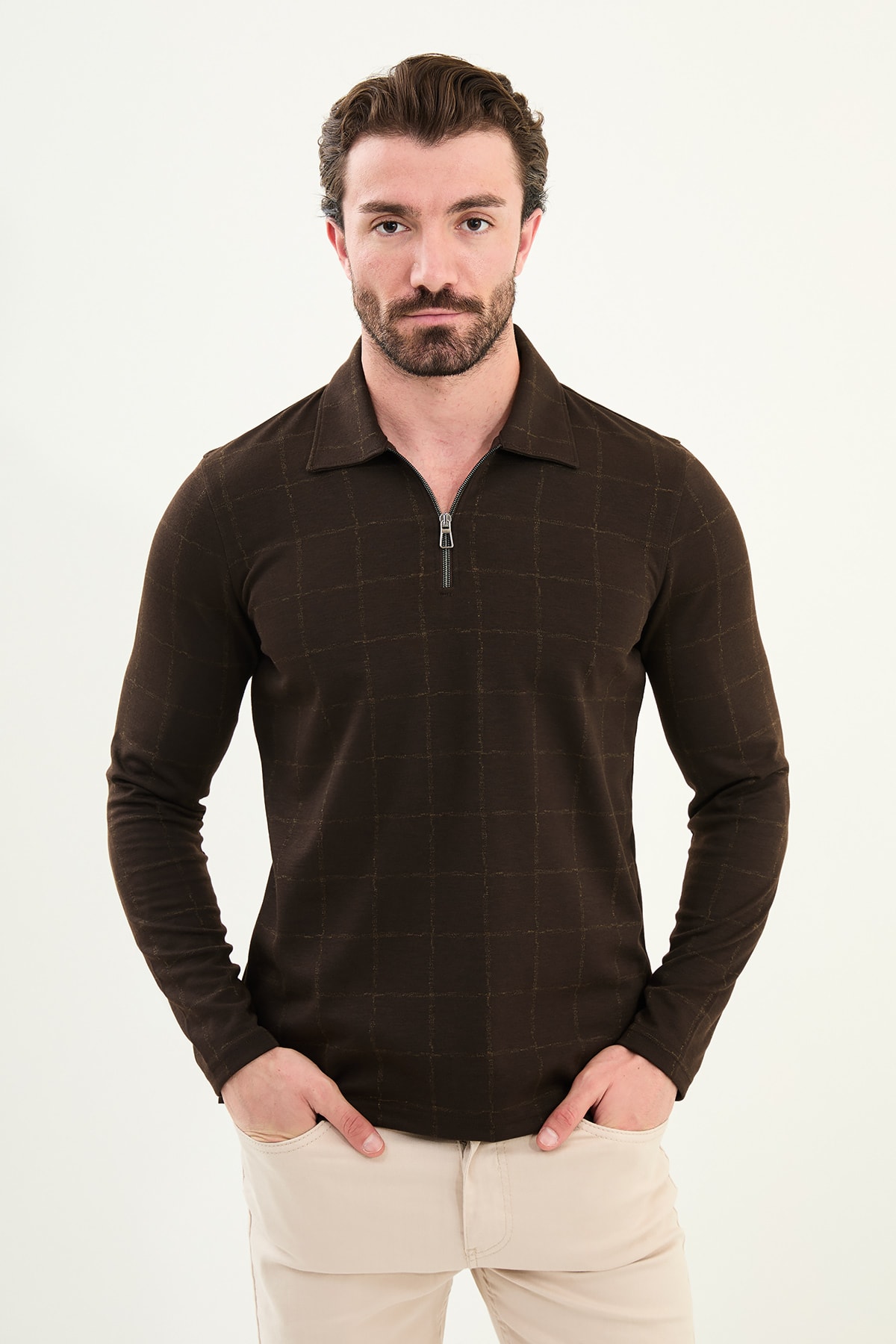 Kareli Slim Fit Polo Yaka Fermuarlı Uzun Kollu Erkek T-Shirt - Kahverengi