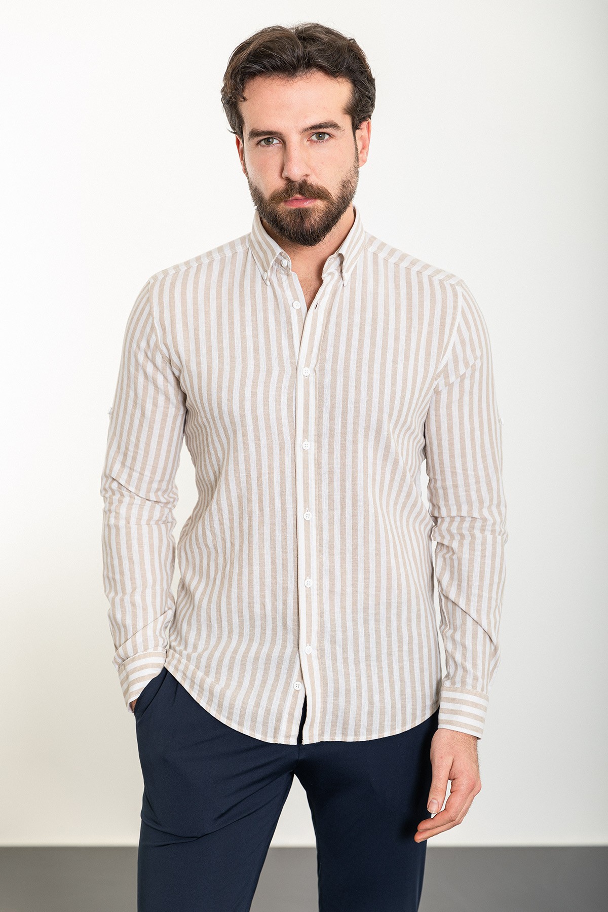 Çizgili Slim Fit Uzun Kollu Keten Erkek Gömlek