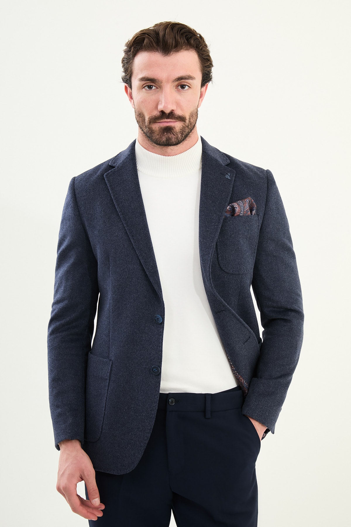 Düz Slim Fit Torba Cepli Mendil Detaylı Yün Erkek Ceket - Açık Lacivert