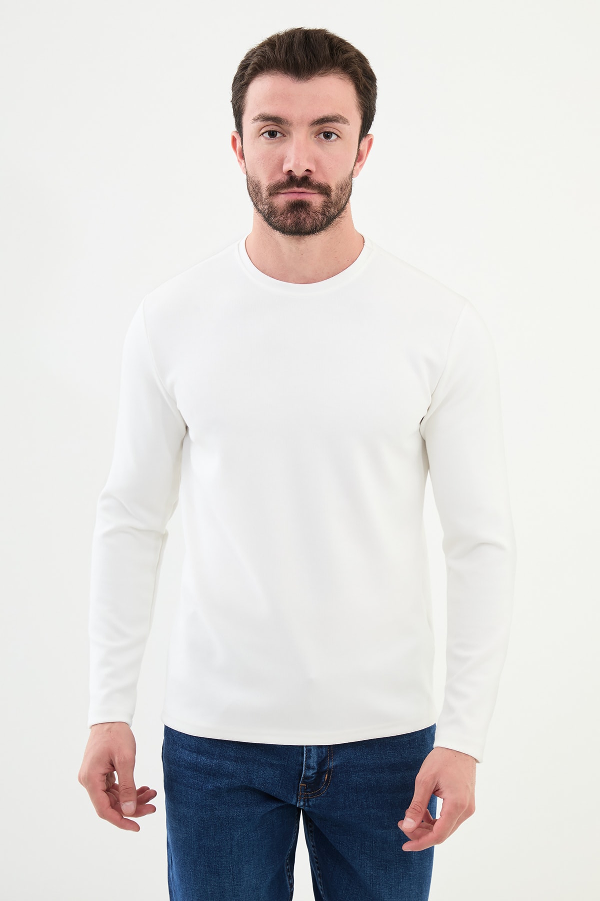 Desenli Slim Fit Bisiklet Yaka Uzun Kollu Erkek T-Shirt - Ekru