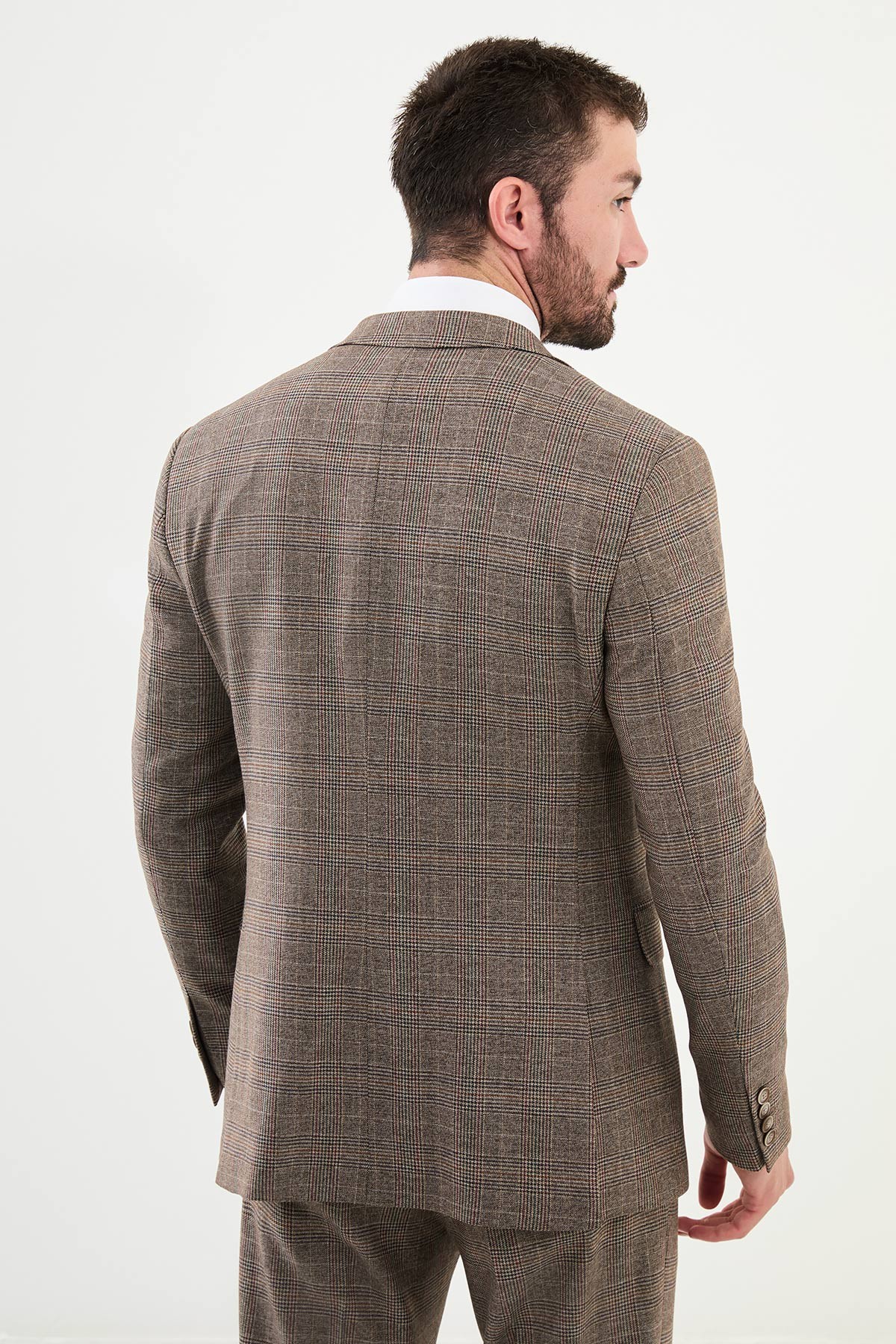Ekoseli Slim Fit Mono Yaka Yün Erkek Takım Elbise
