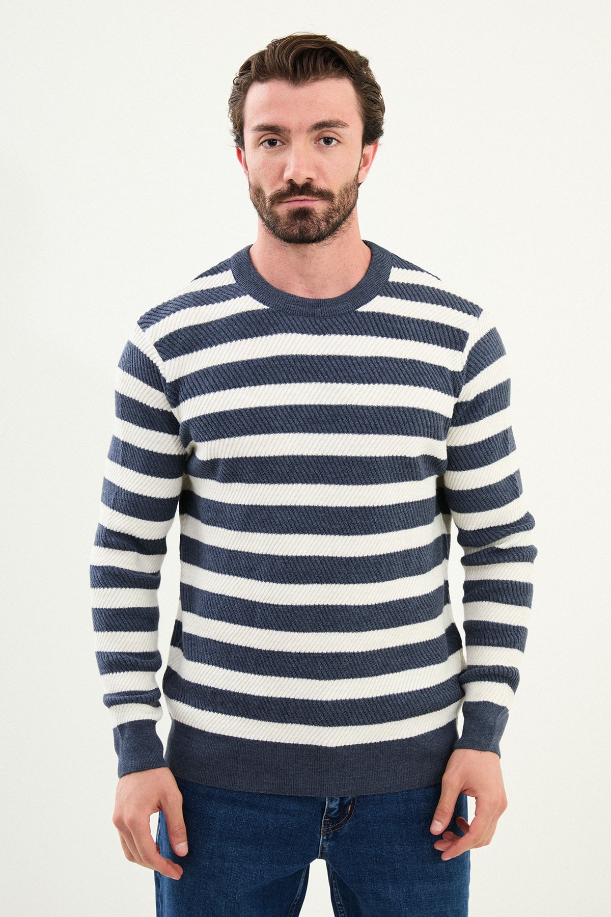 Yatay Çizgili Slim Fit Bisiklet Yaka Erkek Triko - İndigo-Ekru