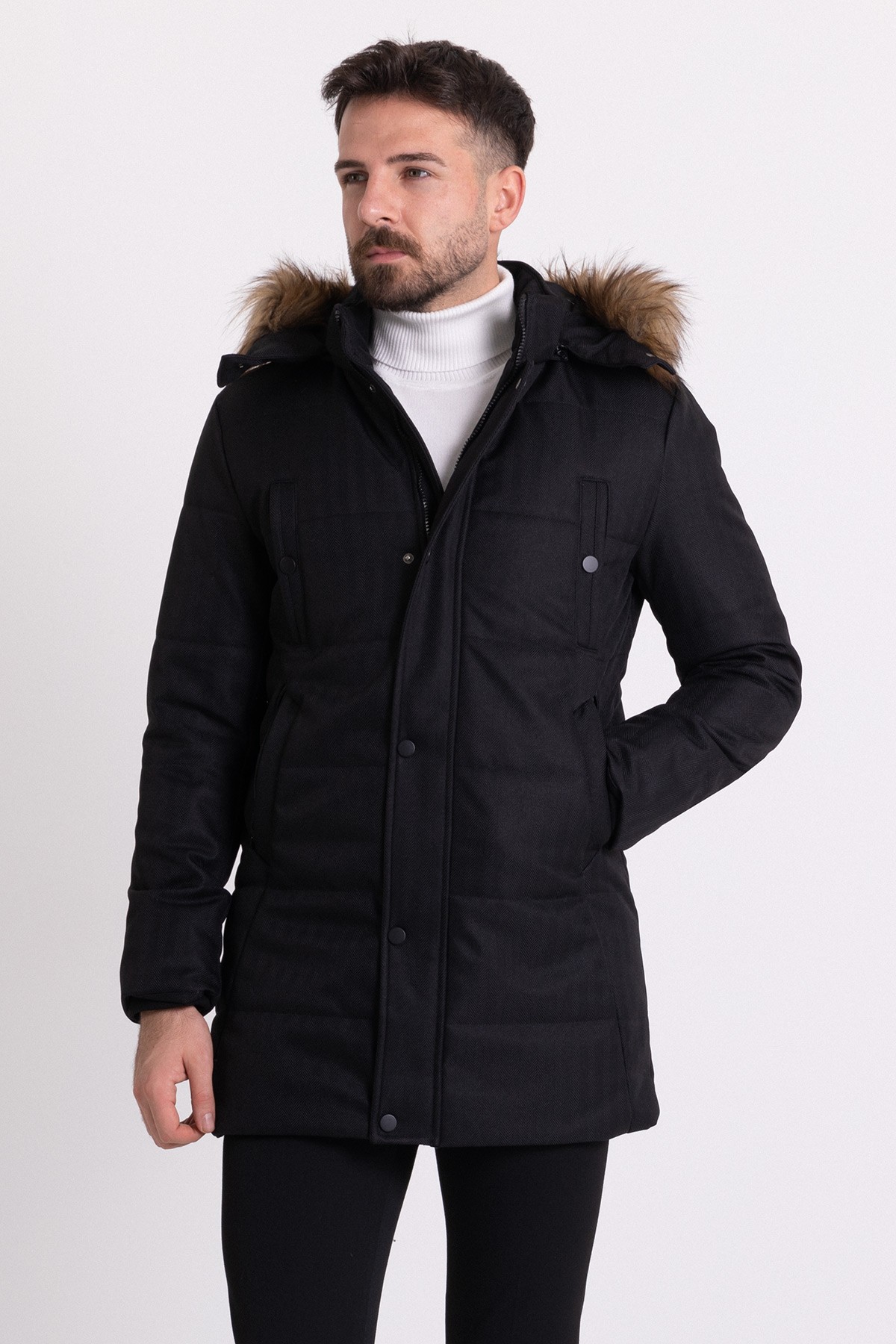 Desenli Slim Fit Kürklü Kapüşonlu Erkek Kaban