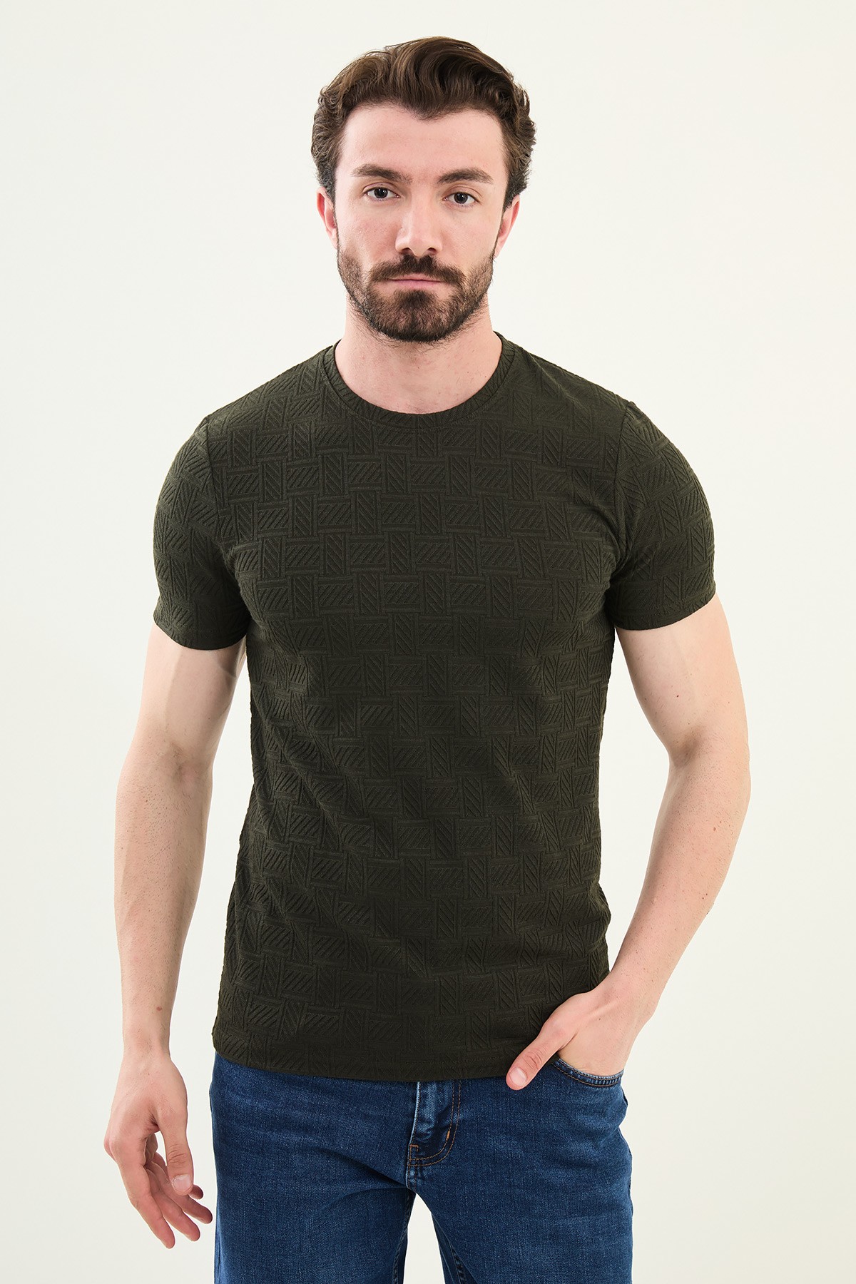Desenli Slim Fit Bisiklet Yaka Erkek T-Shirt - Haki
