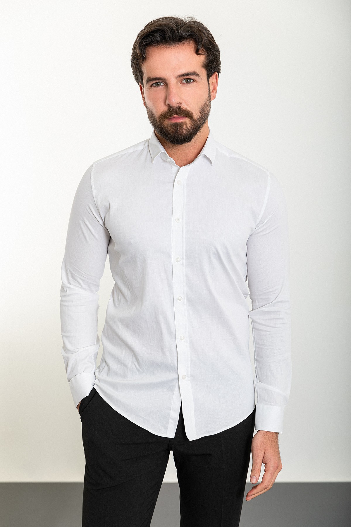 Desenli Slim Fit Klasik Erkek Gömlek - Beyaz