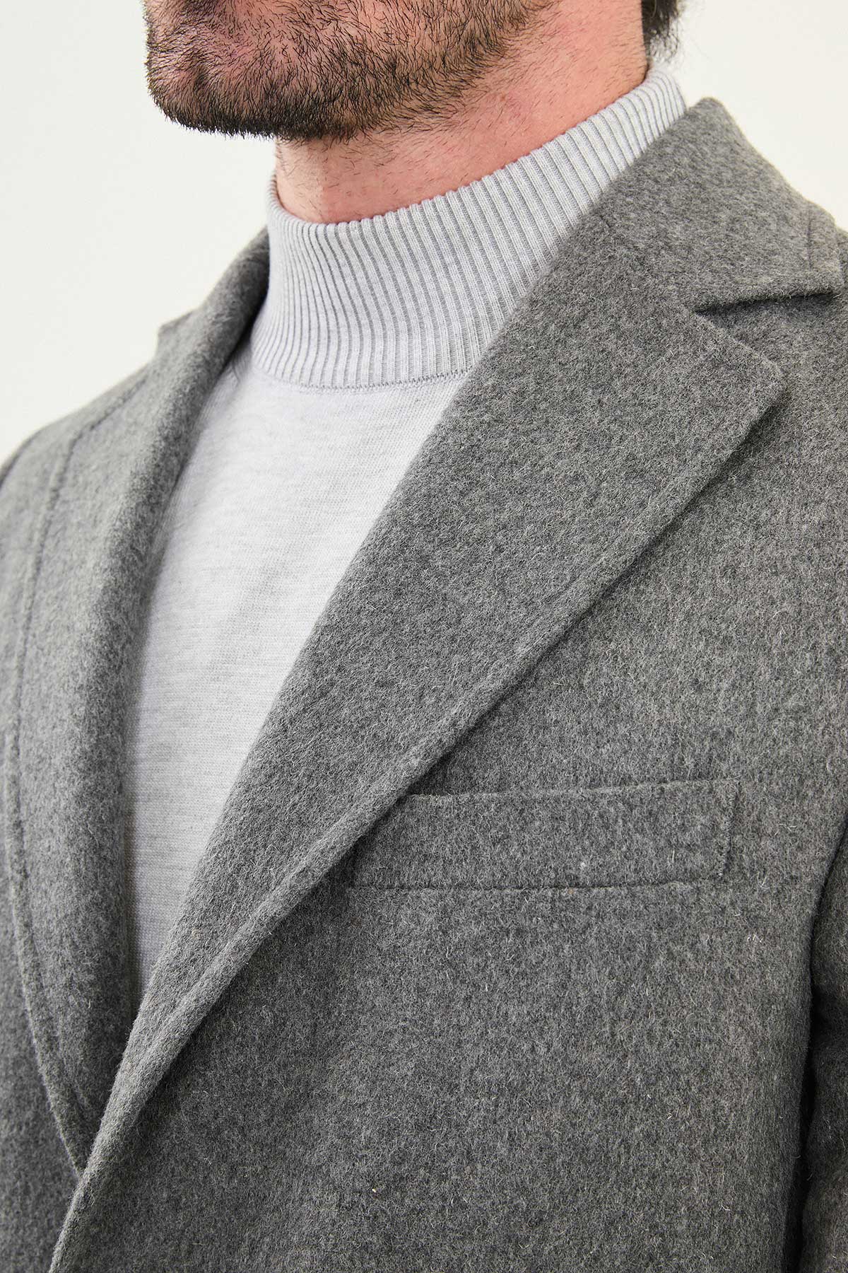 Düz Slim Fit Mono Yaka Klasik Yün Erkek Kaban