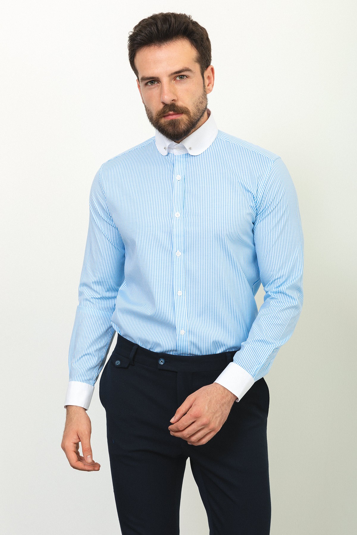 Çizgili Slim Fit Bebe Yaka Klasik Erkek Gömlek - Mavi-Beyaz