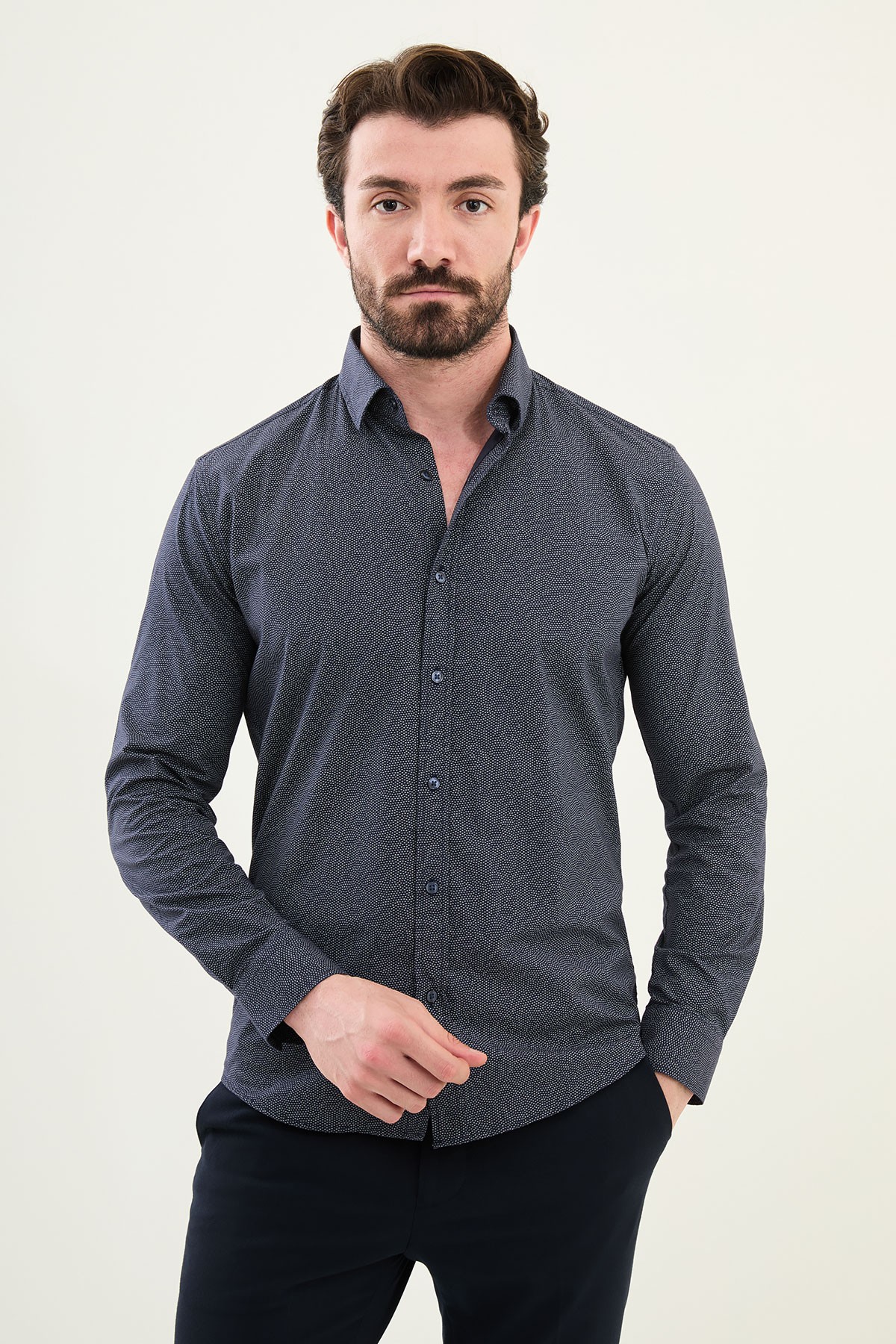 Desenli Slim Fit Pamuk Erkek Gömlek - Lacivert