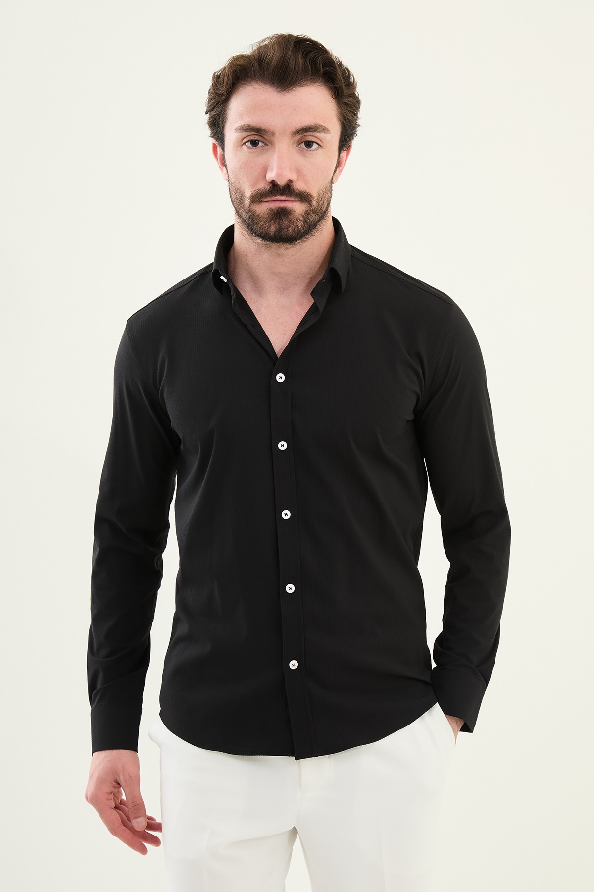 Gofreli Slim Fit Pamuk Erkek Gömlek - Siyah