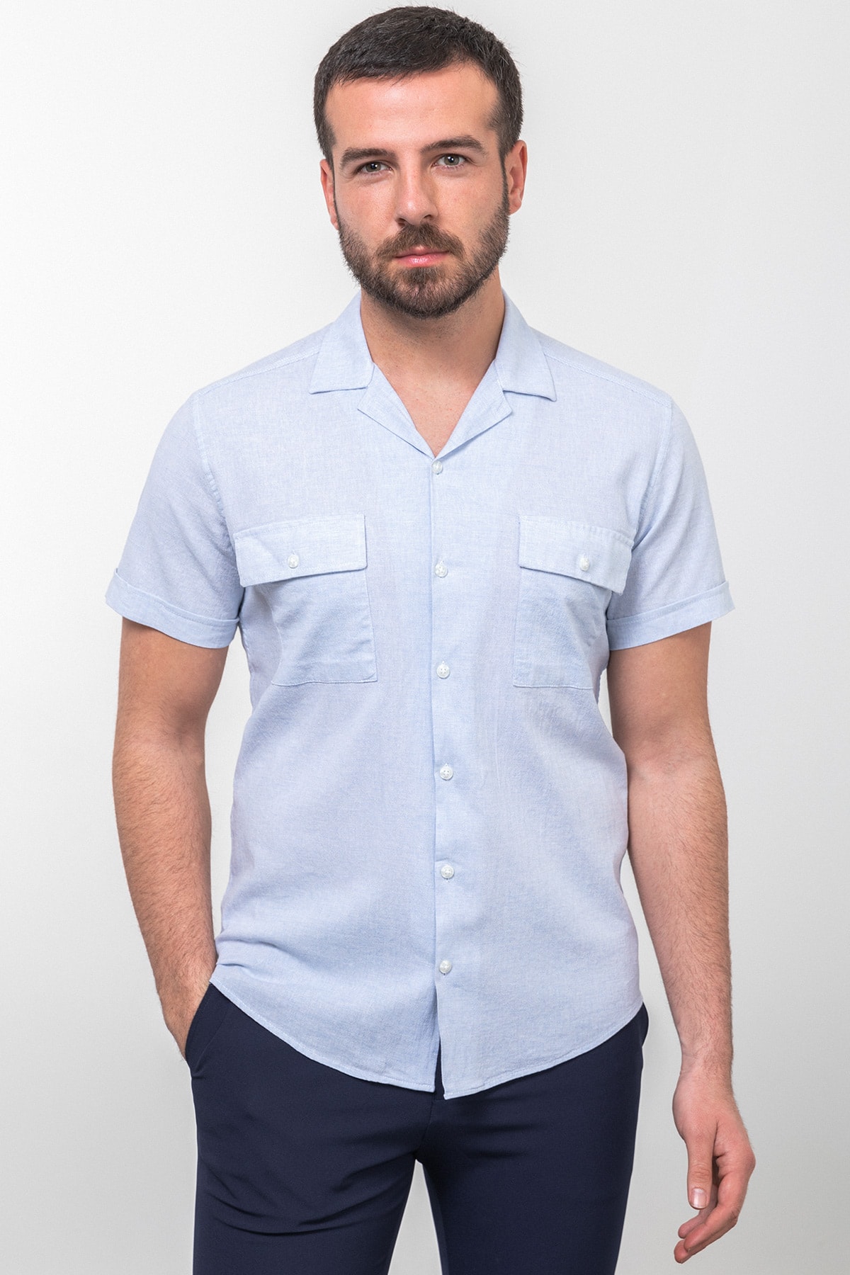 Kırçıllı Slim Fit Apaç Yaka Kısa Kollu Erkek Gömlek