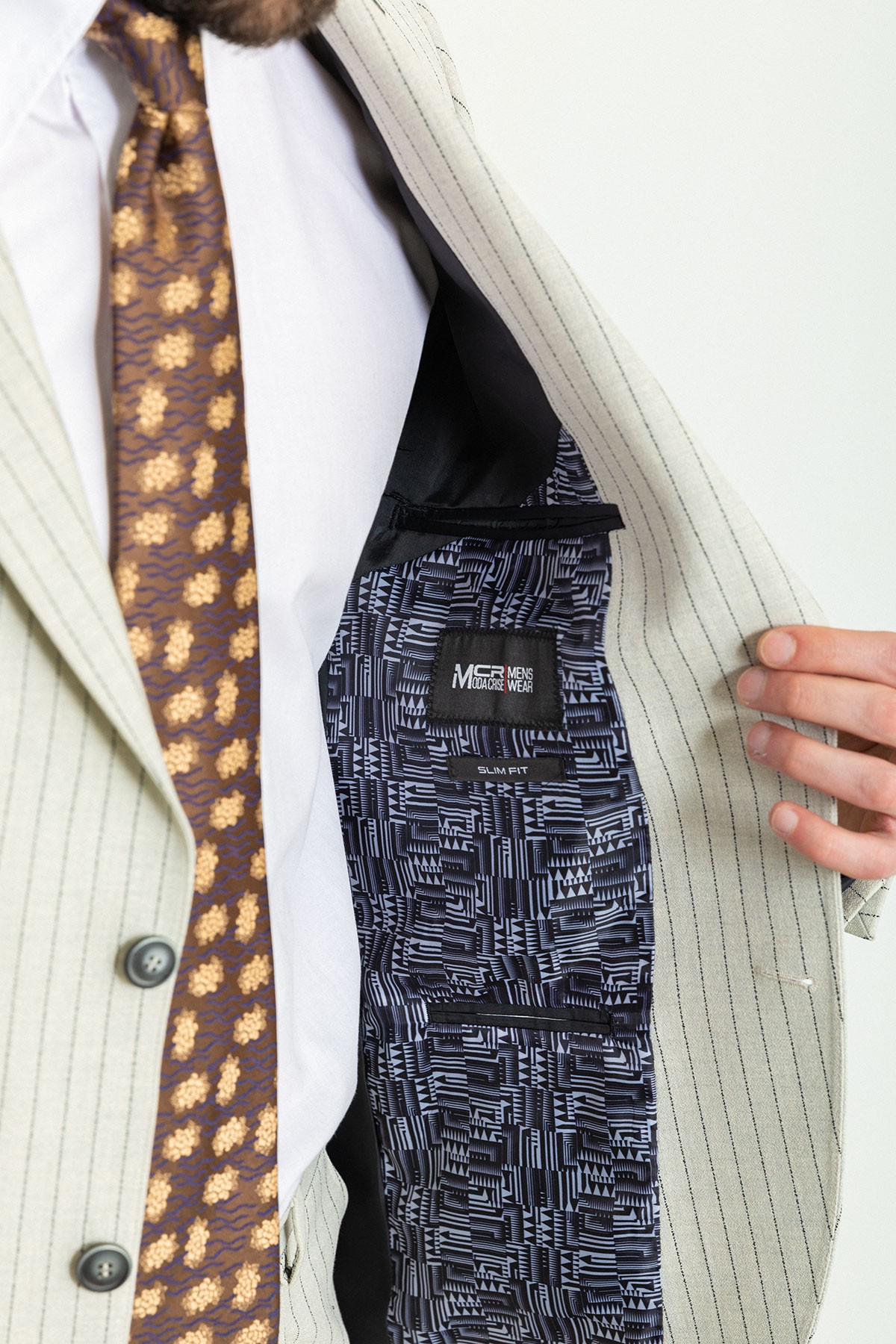 Çizgili Slim Fit Geniş Yaka Keten Erkek Takım Elbise