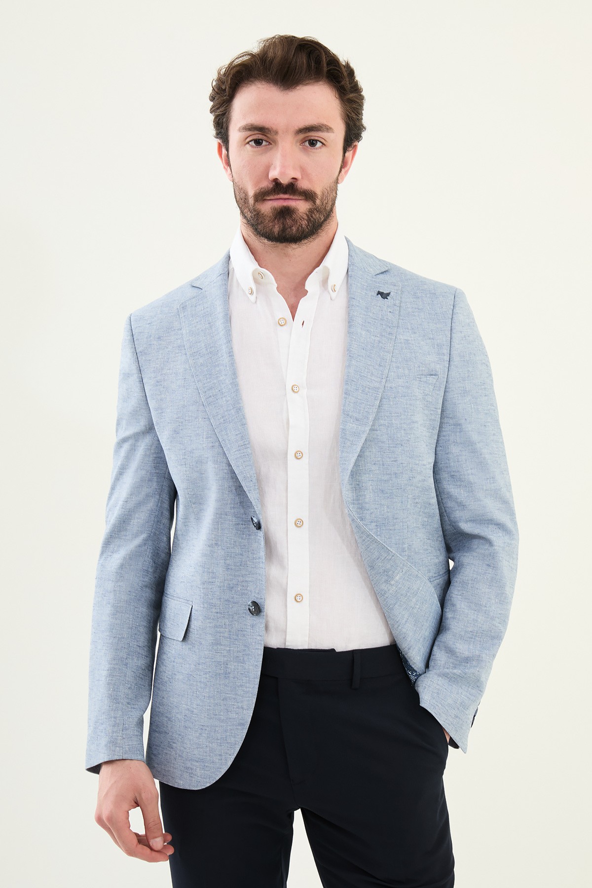 Kırçıllı Slim Fit Mono Yaka Keten Erkek Ceket - Mavi
