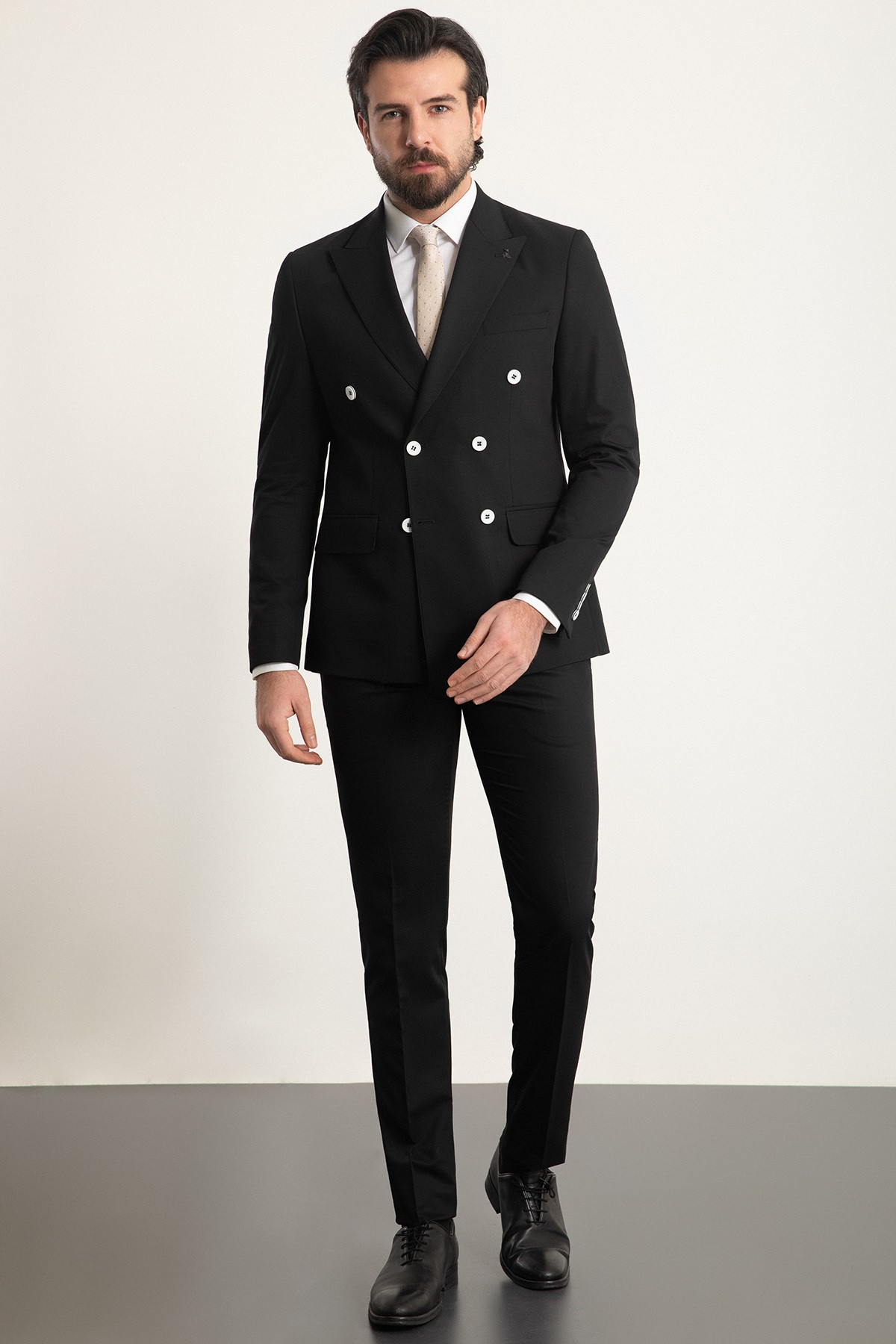 Düz Slim Fit Geniş Yaka Kruvaze Erkek Takım Elbise