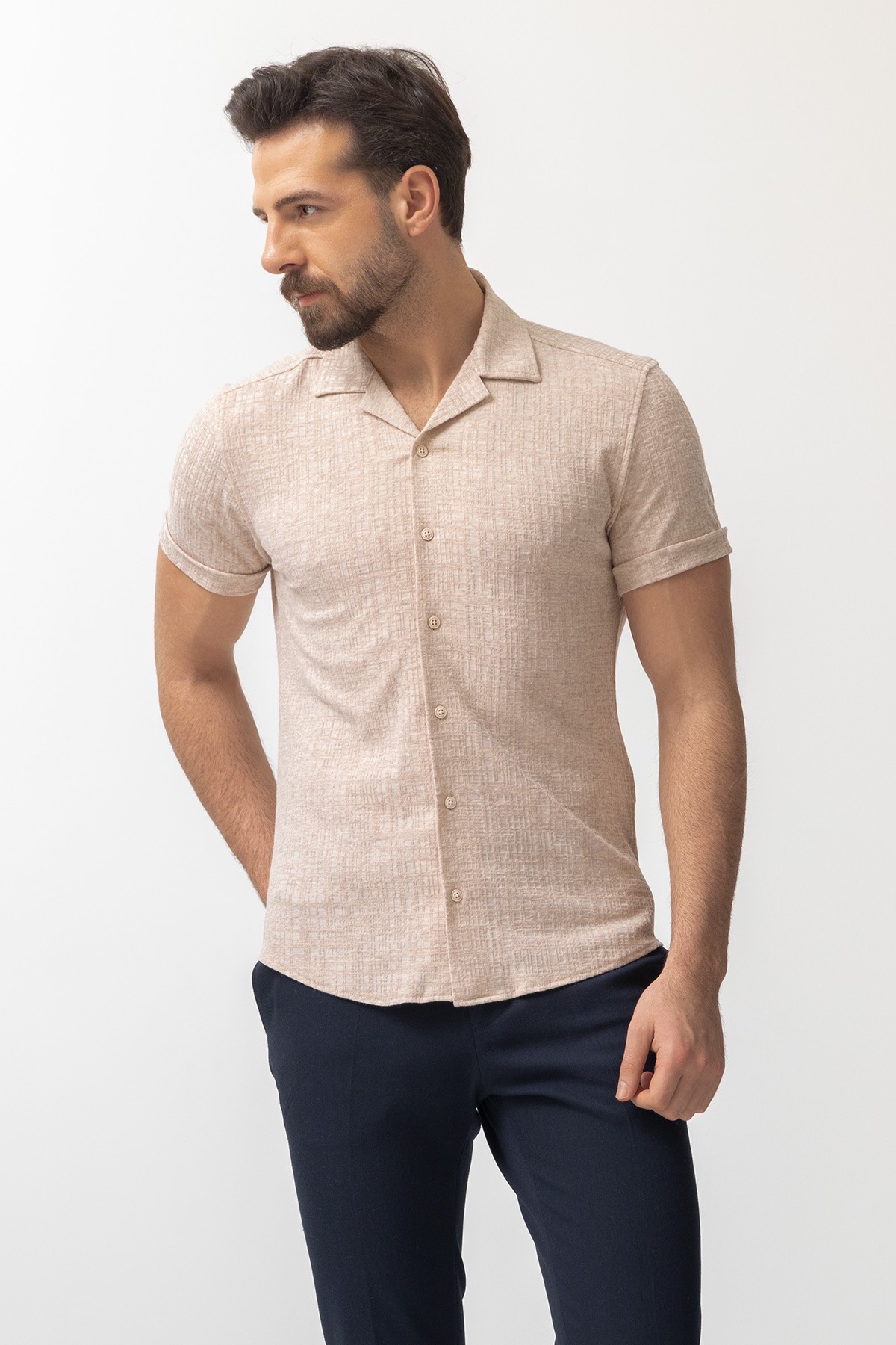 Desenli Slim Fit Kısa Kollu Apaç Yaka Erkek Gömlek - Taş