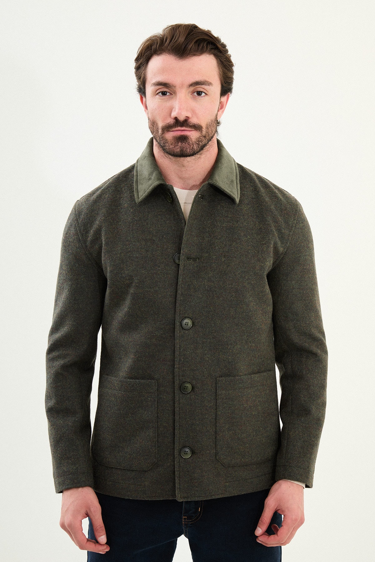 Kırçıllı Slim Fit Kadife Yaka Torba Cepli Erkek Trenchcoat - Haki
