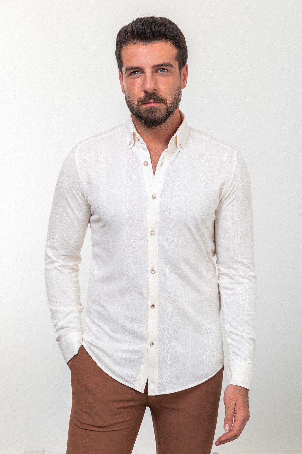 Desenli Slim Fit Uzun Kollu Pamuk Erkek Gömlek - Ekru