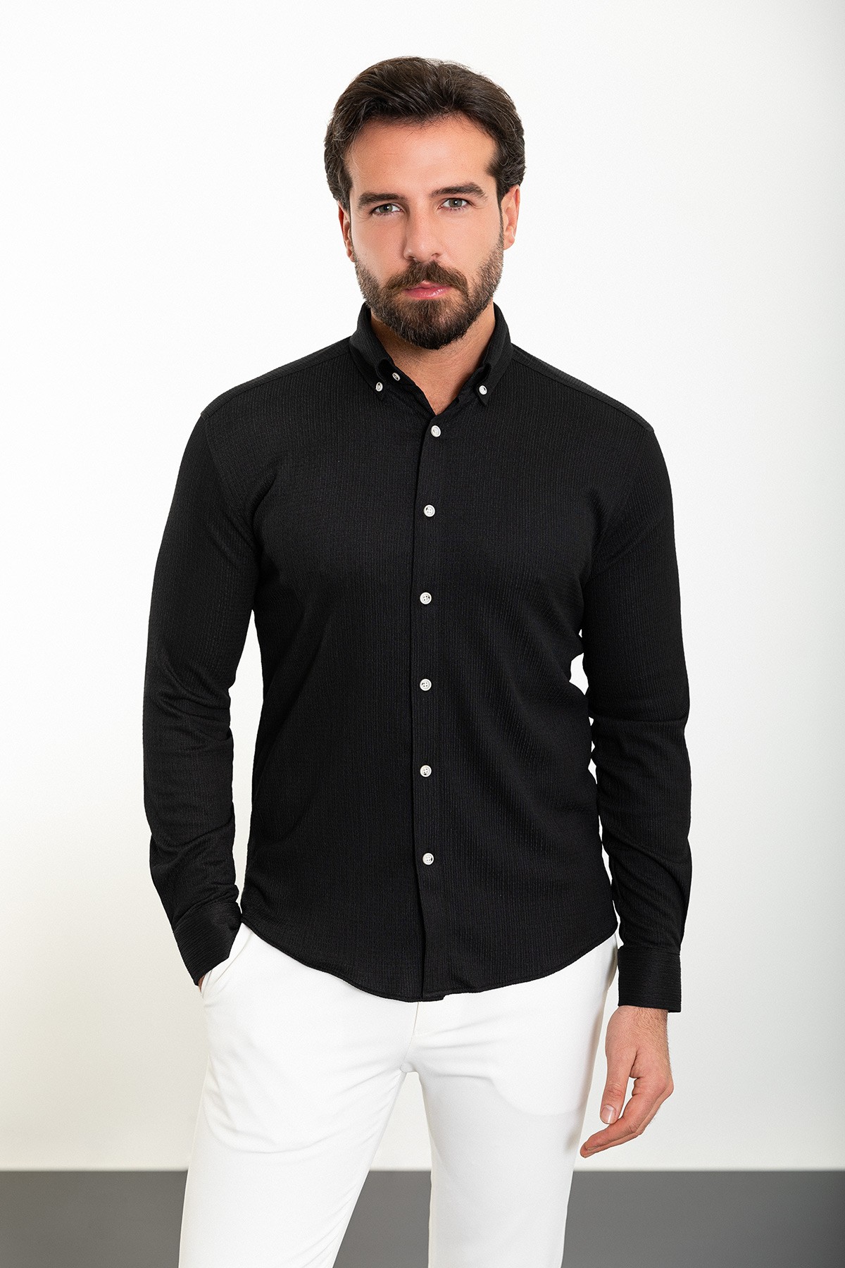 Çizgili Slim Fit Uzun Kollu Gofre Erkek Gömlek - Siyah