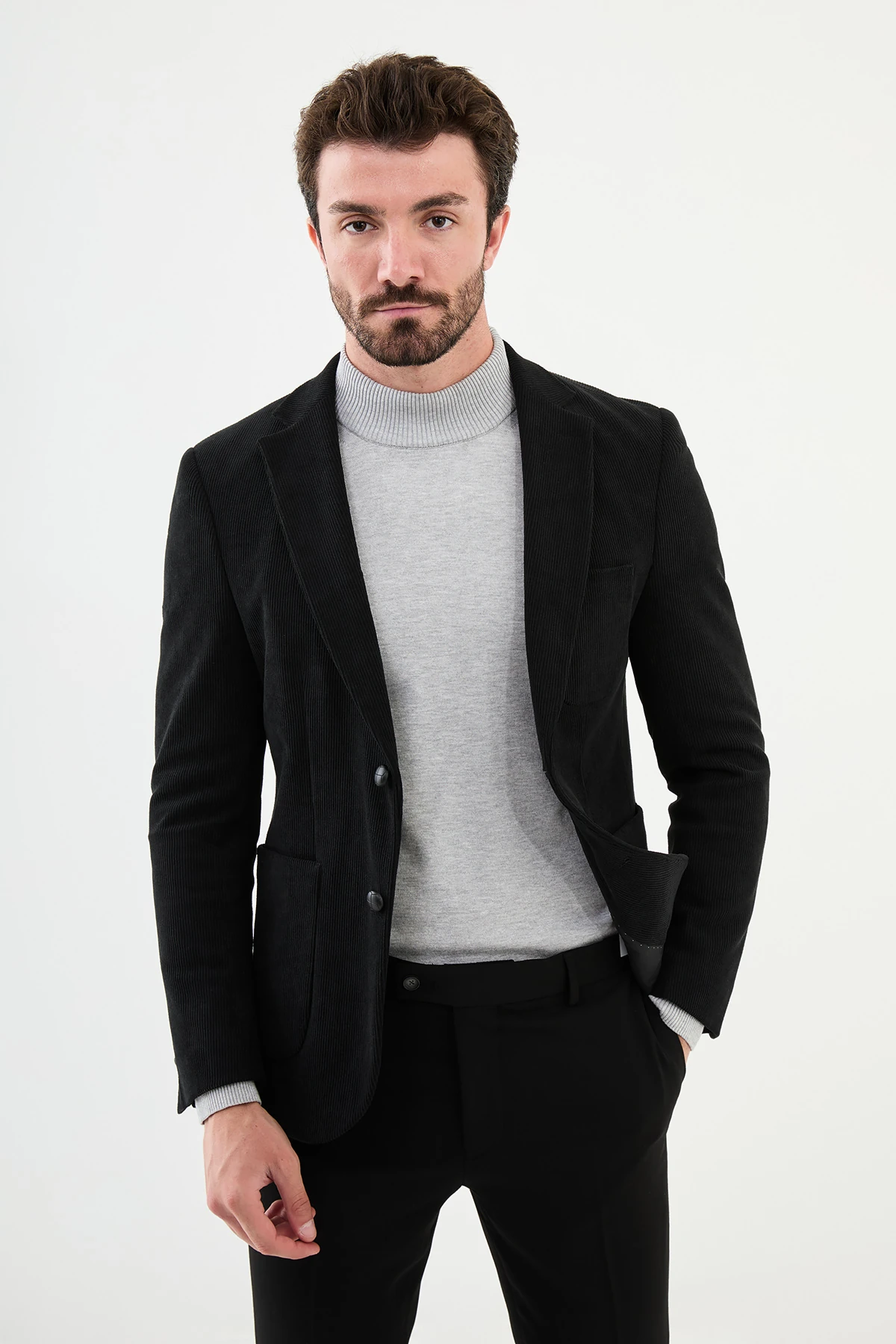 Çizgili Slim Fit Torba Cep Mono Yaka Kadife Erkek Ceket