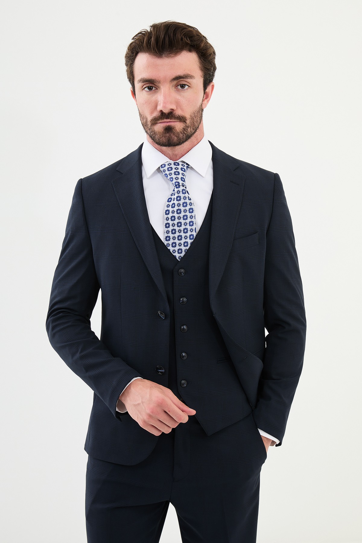 Ekoseli Slim Fit Mono Yaka Klasik Yün Erkek Takım Elbise