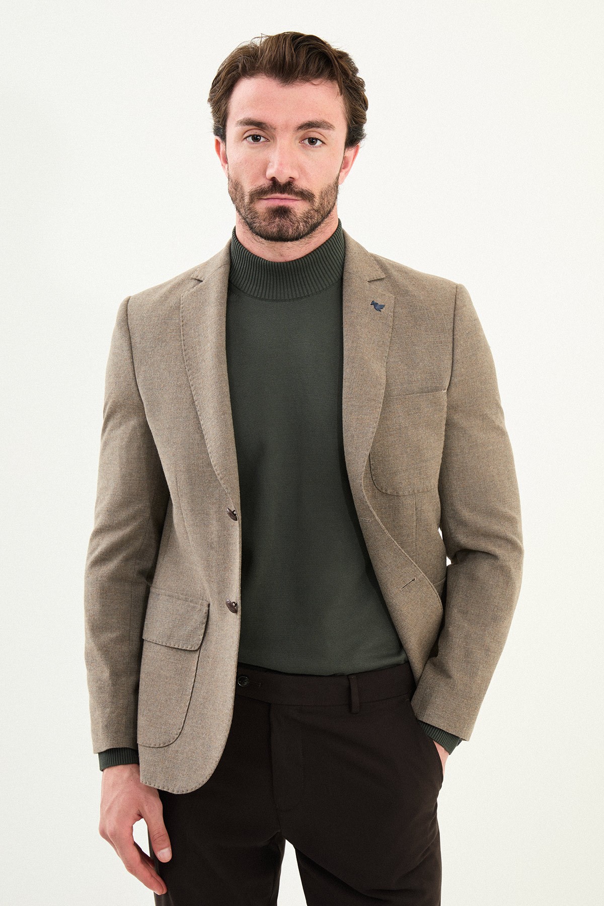 Düz Slim Fit Torba Cep Mono Yaka Yün Erkek Ceket - Haki