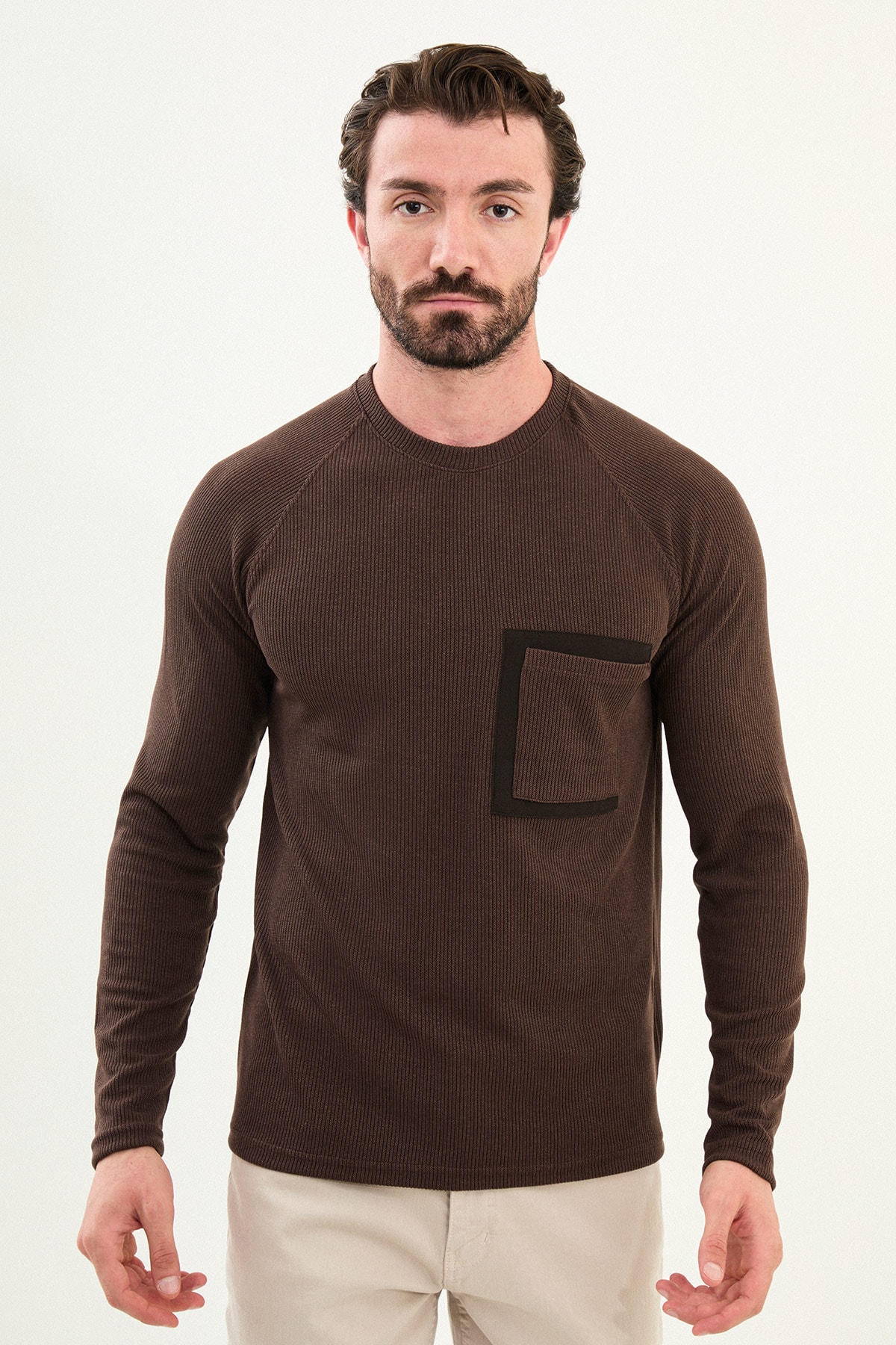 Çizgili Slim Fit Cep Detaylı Uzun Kollu Pamuk Erkek T-Shirt - Kahverengi