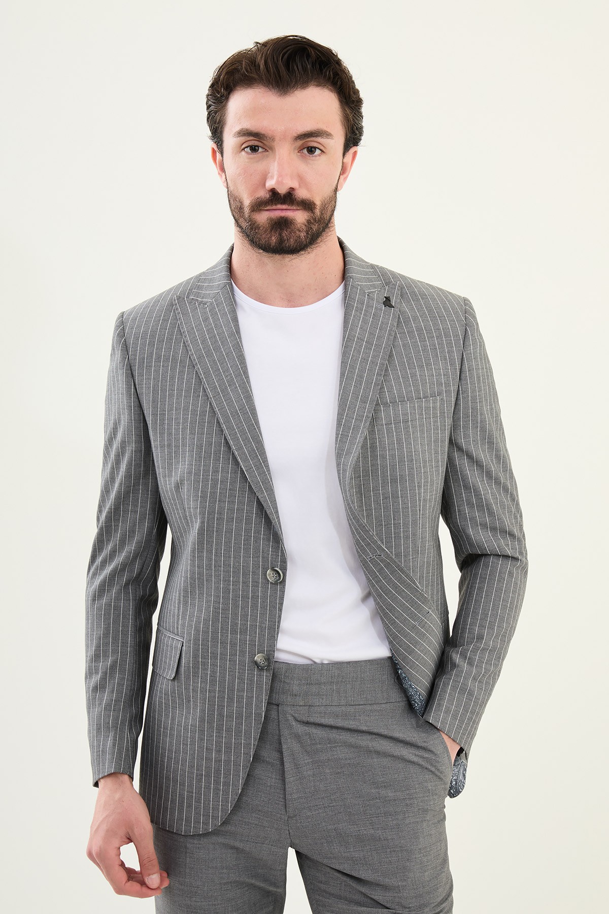 Çizgili Slim Fit Geniş Yaka Erkek Ceket - Gri