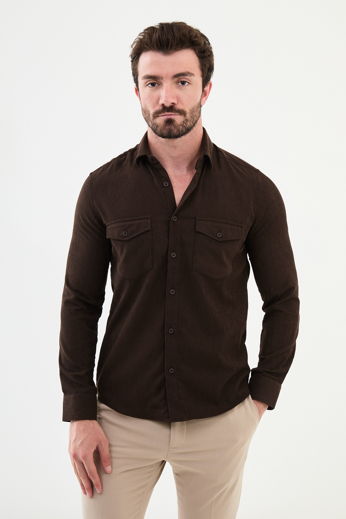 Çizgili Slim Fit Kadife Erkek Gömlek - Kahverengi