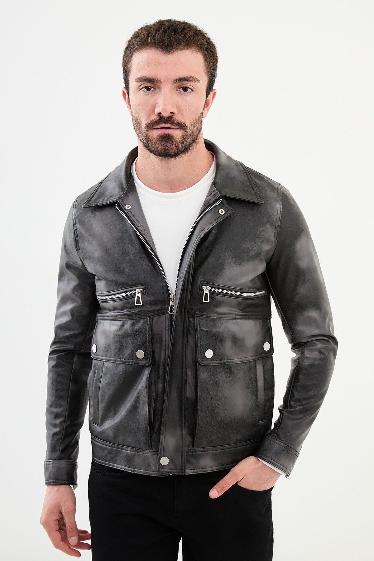 Desenli Slim Fit Torba Cep Gömlek Yaka Suni Deri Erkek Mont - Siyah