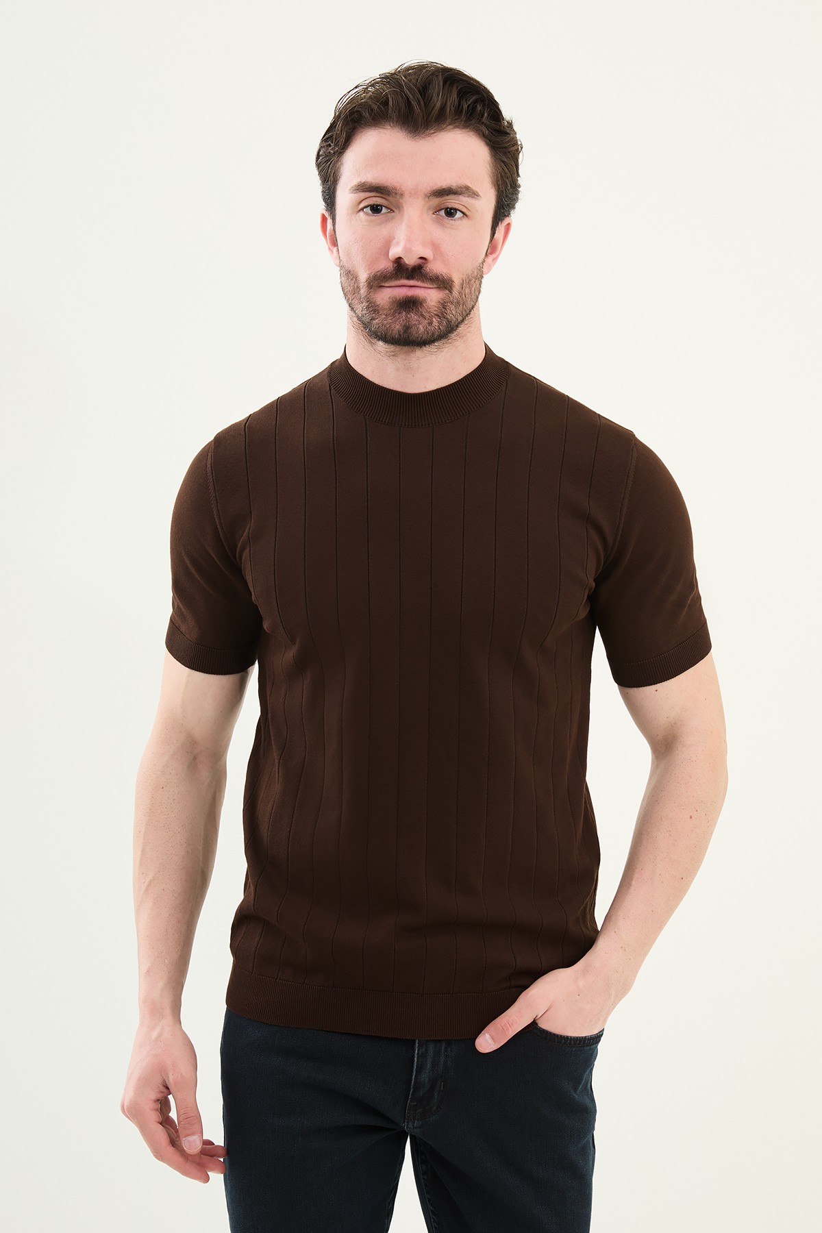Çizgili Slim Fit Yarım Balıkçı Yaka Erkek Triko T-Shirt - Kahverengi