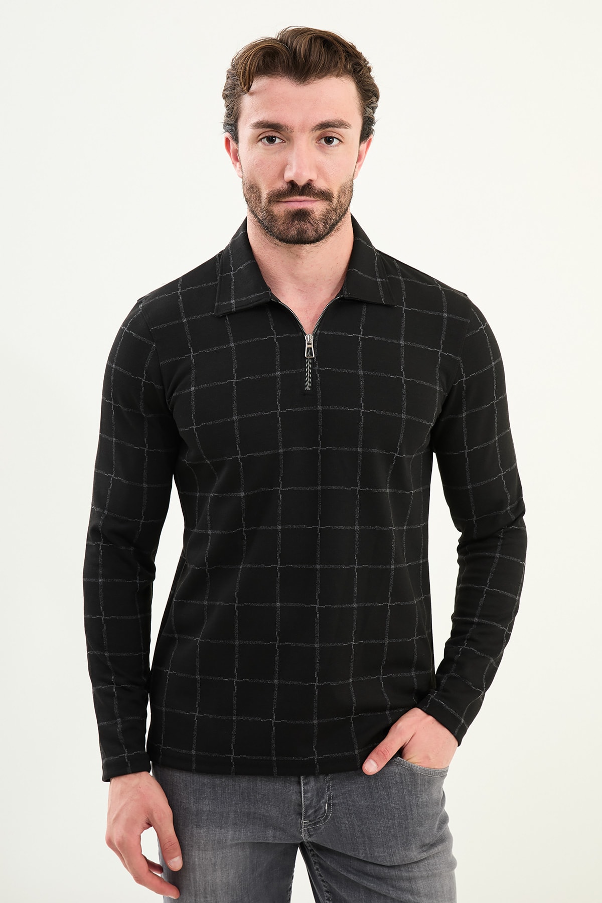 Kareli Slim Fit Polo Yaka Fermuarlı Uzun Kollu Erkek T-Shirt - Siyah
