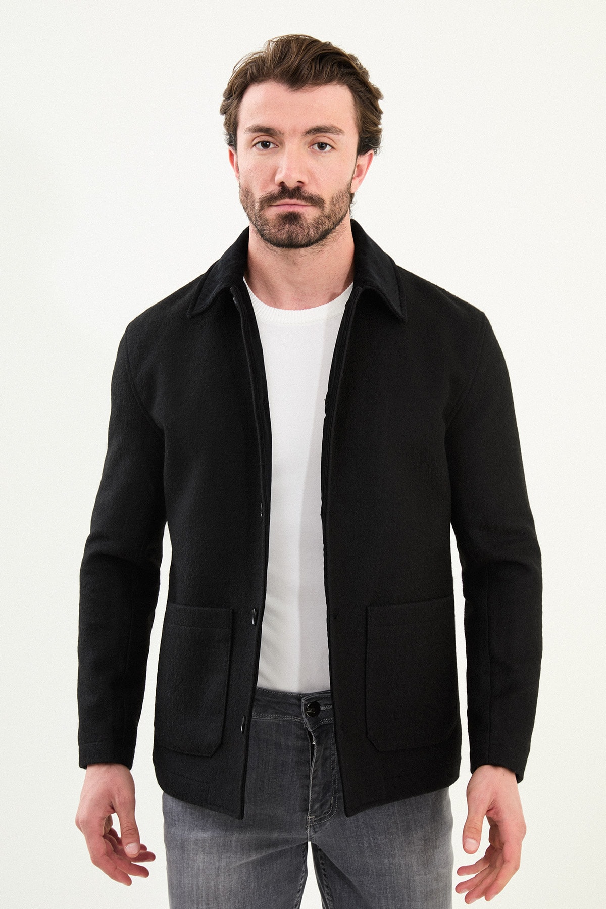 Kırçıllı Slim Fit Kadife Yaka Torba Cepli Erkek Trenchcoat