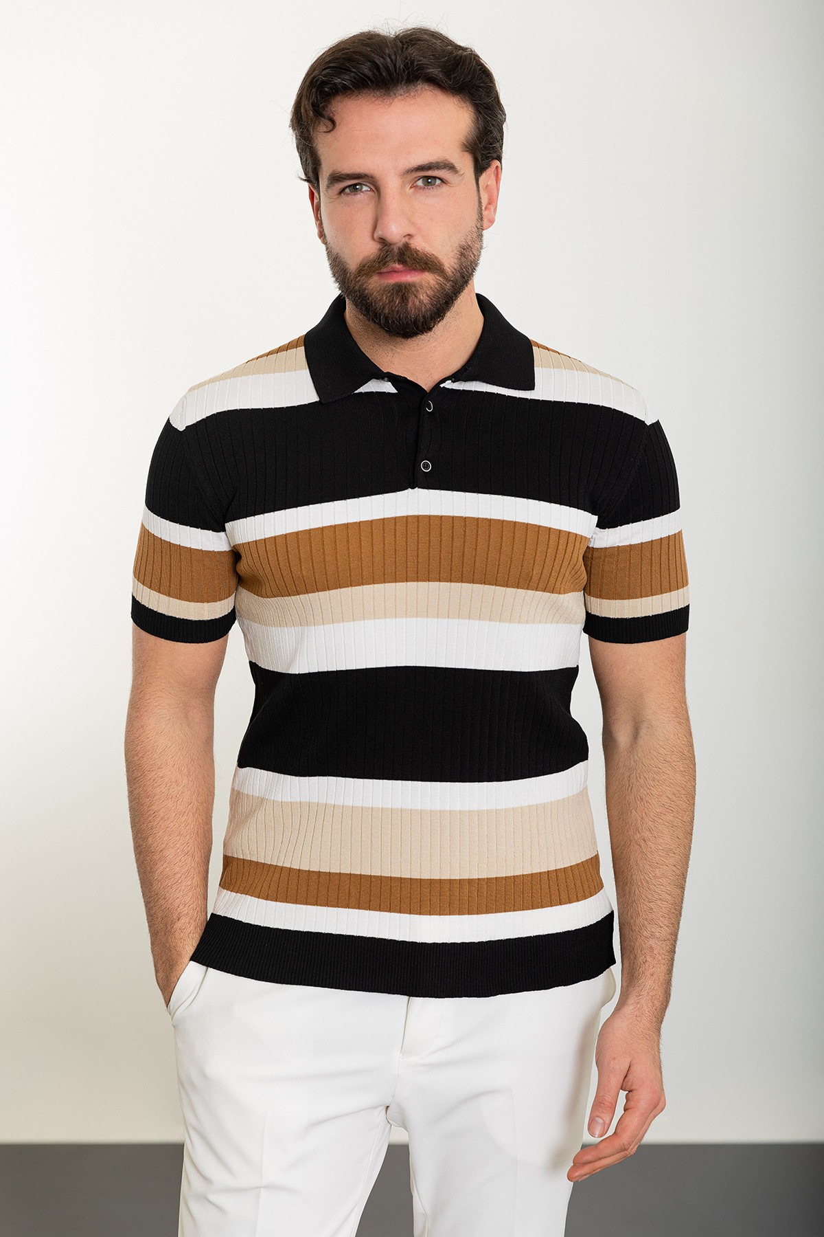 Çizgili Slim Fit Polo Yaka Erkek Triko T-Shirt