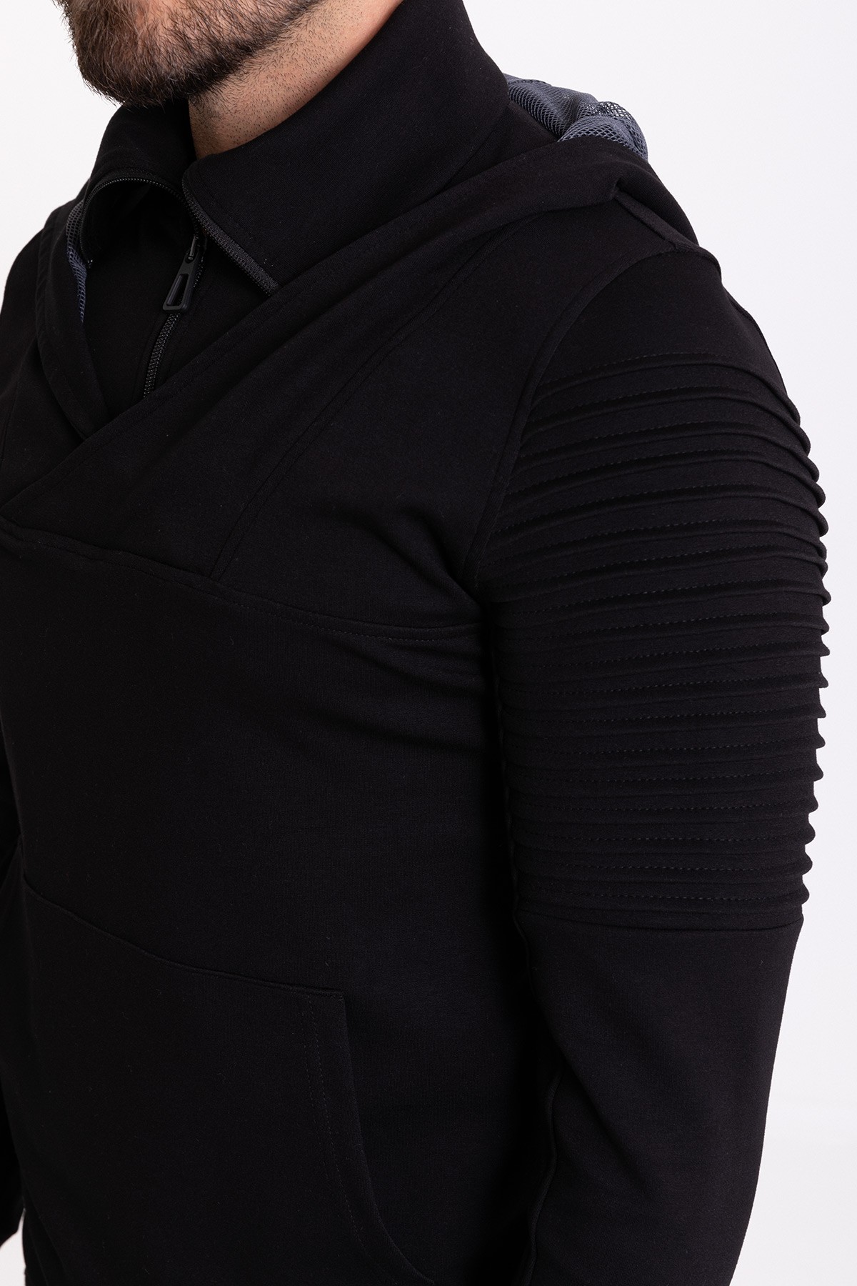 Fermuar Detaylı Slim Fit Kapüşonlu Erkek Sweatshirt