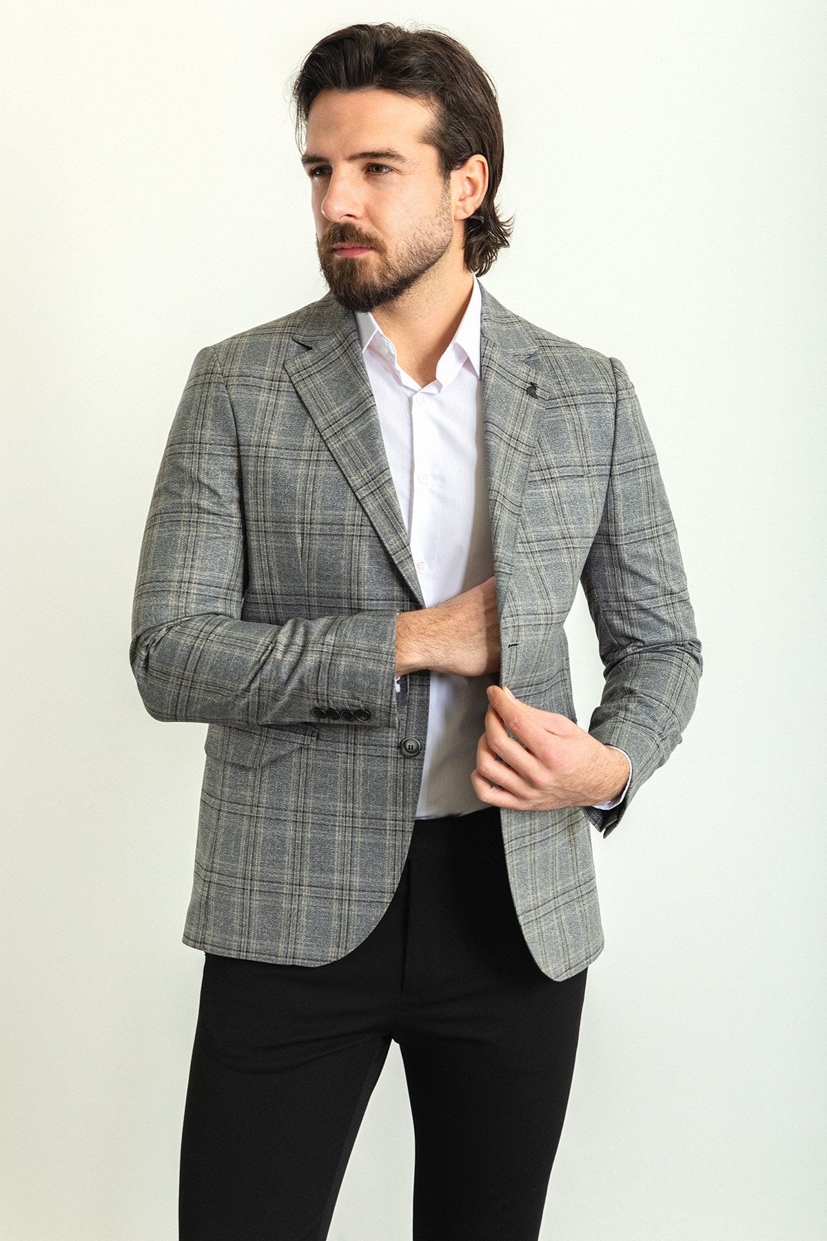 Ekoseli Slim Fit Mono Yaka Keten Erkek Ceket
