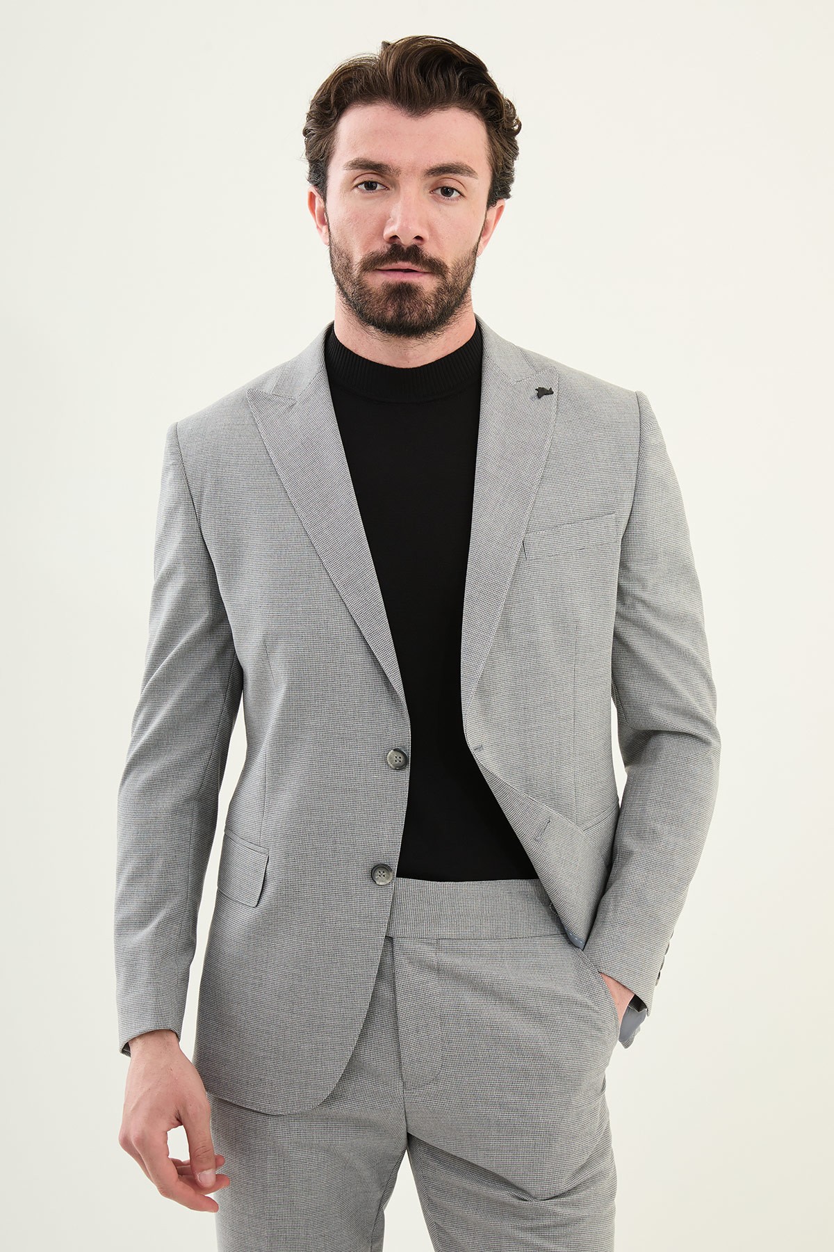 Desenli Slim Fit Geniş Yaka Erkek Takım Elbise - Koyu Gri